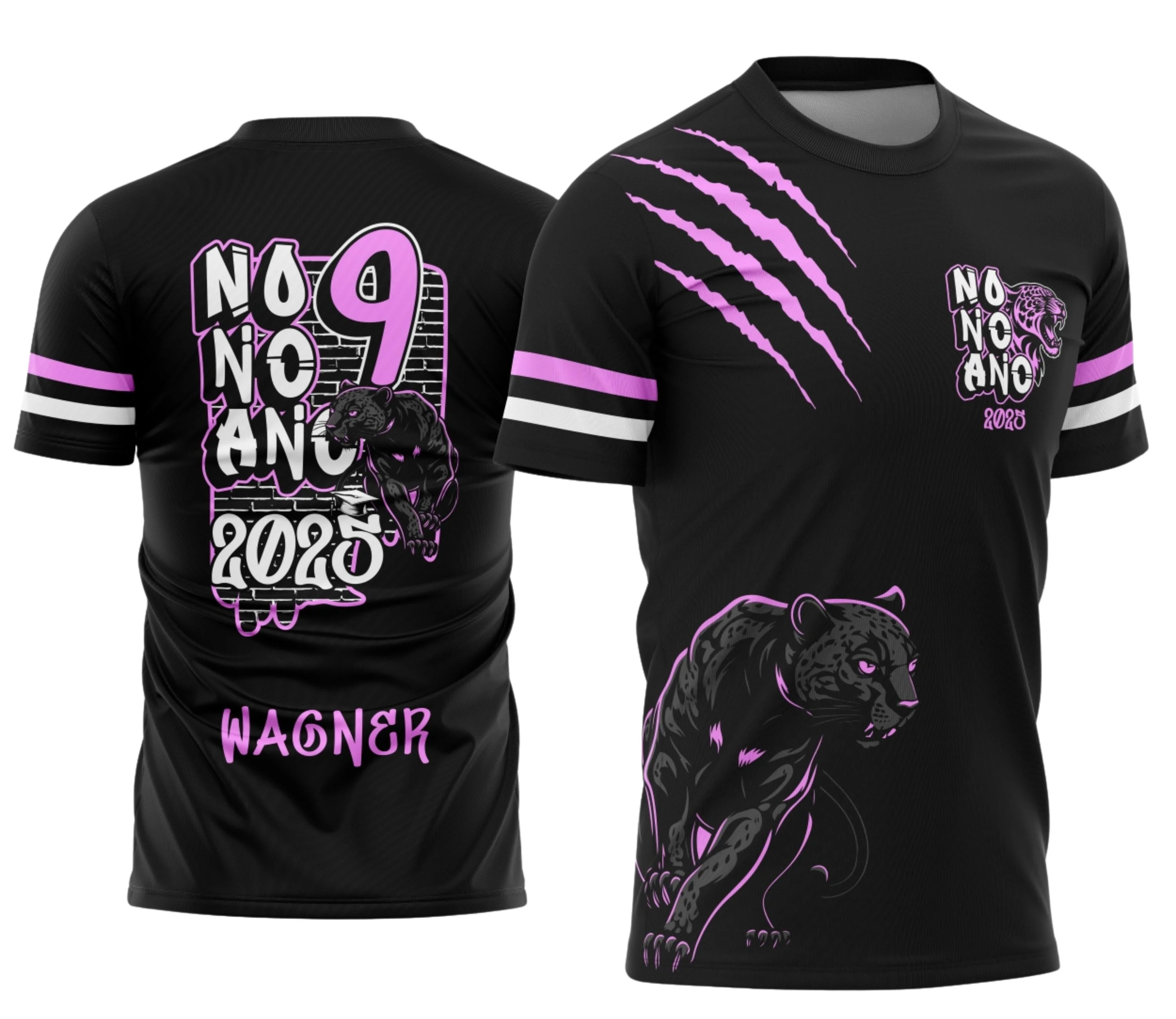 Camiseta unissex preta com logo no peito e estampa grande nas costas, tema Formandos Nono Ano Pantera Negra, ideal para comemorar a formatura com estilo marcante.