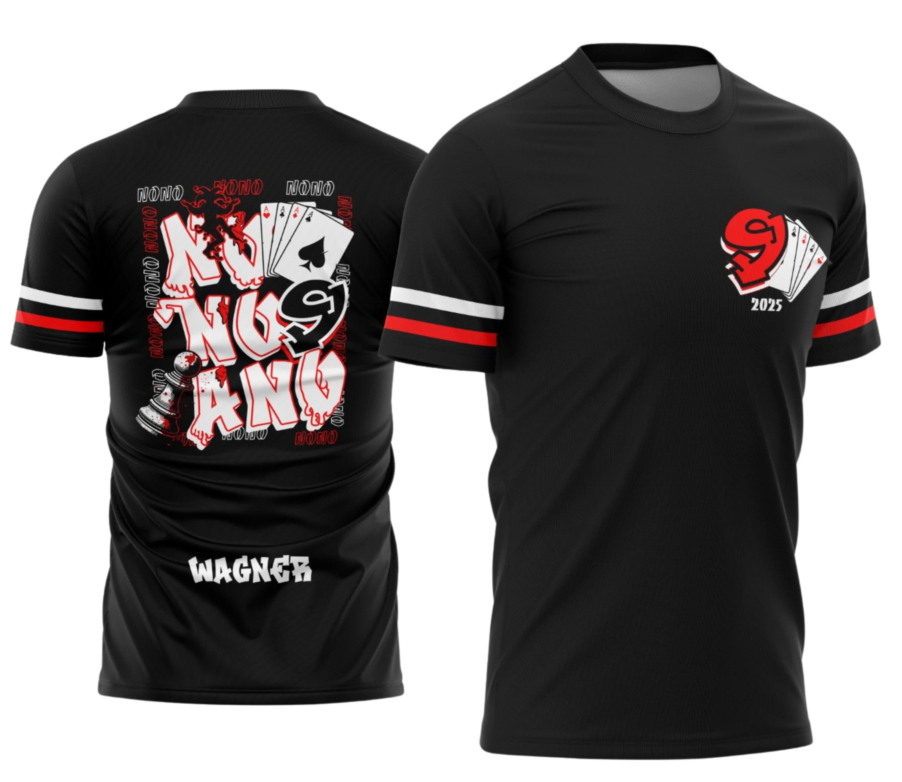 Foto de camisa unissex preta com logo no peito e estampa grande nas costas, tema Formandos Nono Ano Xadrez, modelo moderno e confortável para festas escolares.