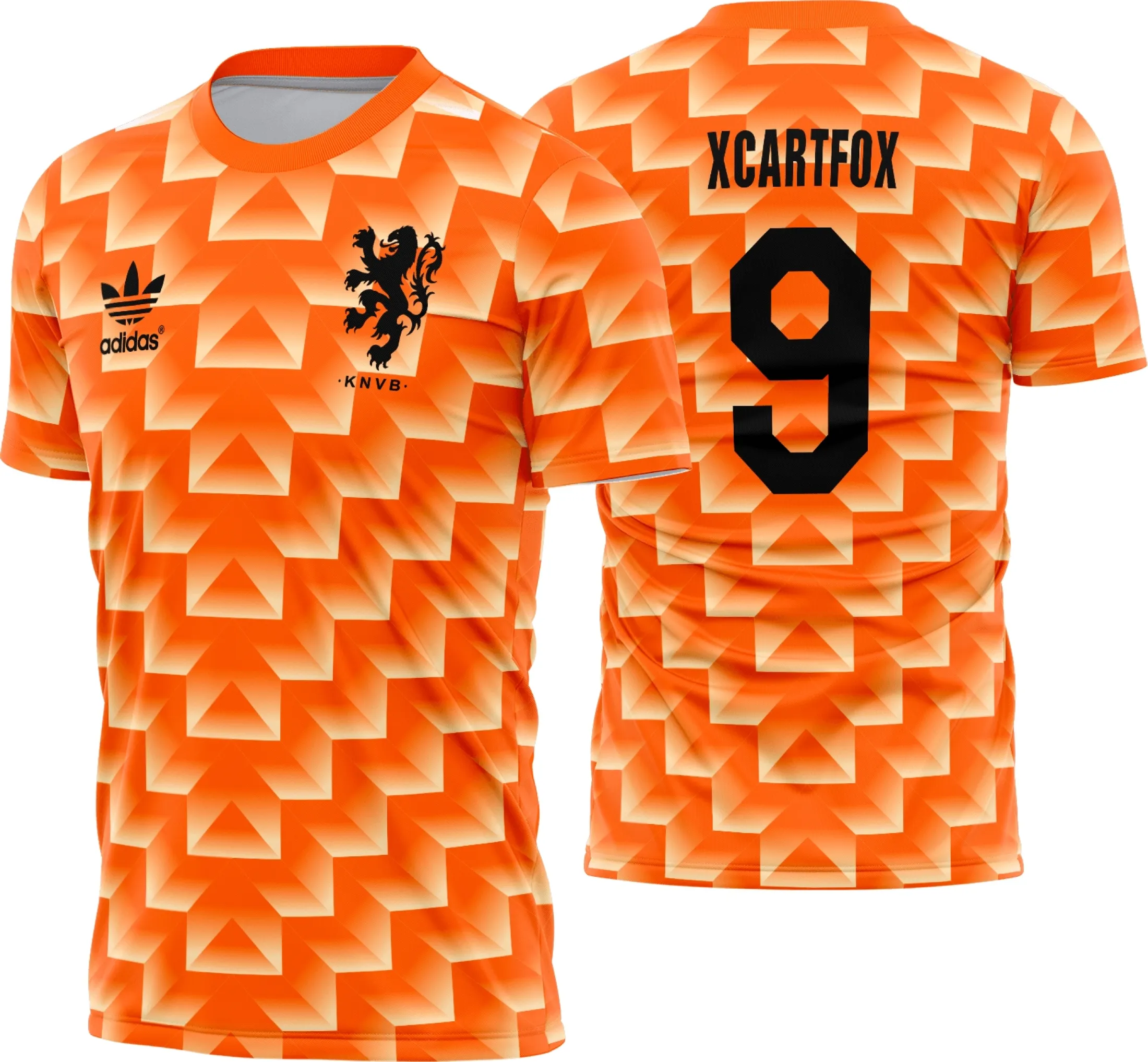Camiseta unissex branca com logo no peito e estampa grande nas costas da camisa Holanda titular retrô 1988, design clássico e marcante para torcedores e fãs do futebol.