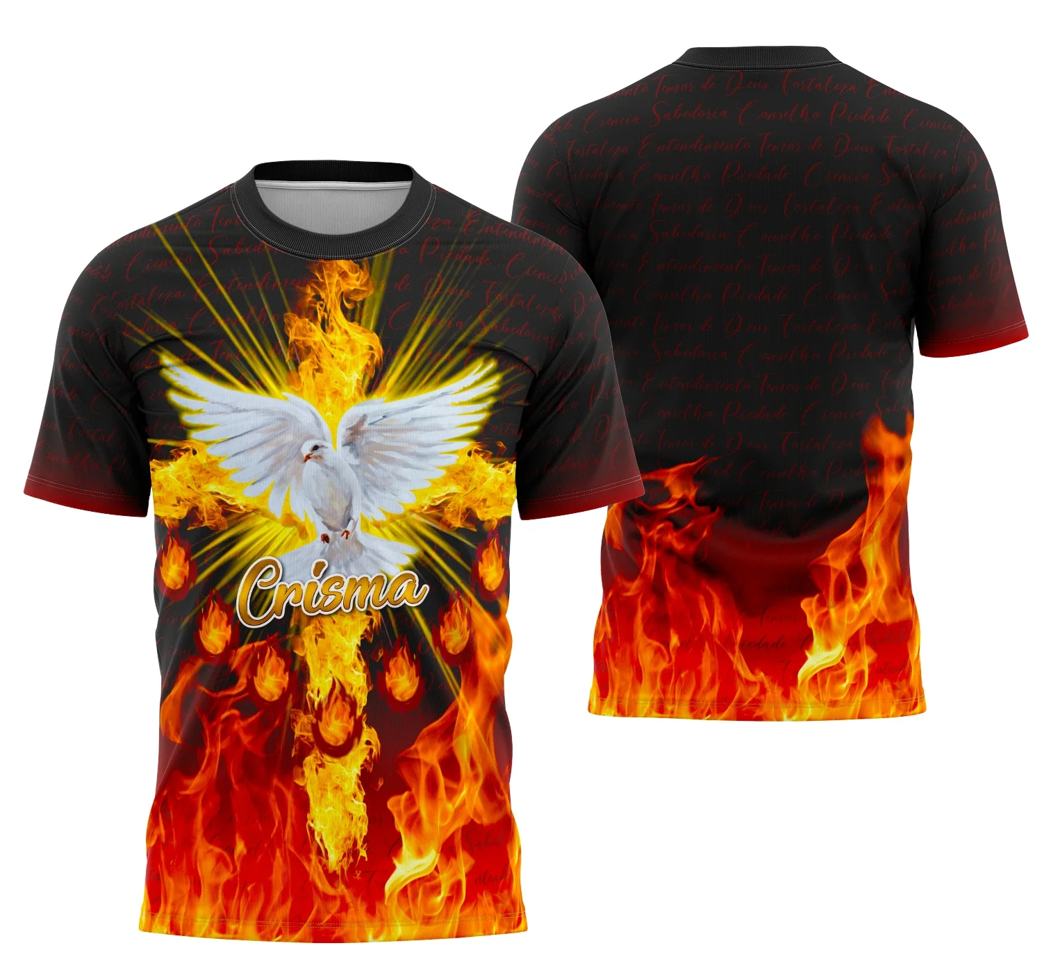 Camiseta unissex preta com logo no peito e estampa grande nas costas, tema Igreja Católica Crisma 2026, ideal para ocasiões religiosas e celebrações especiais.