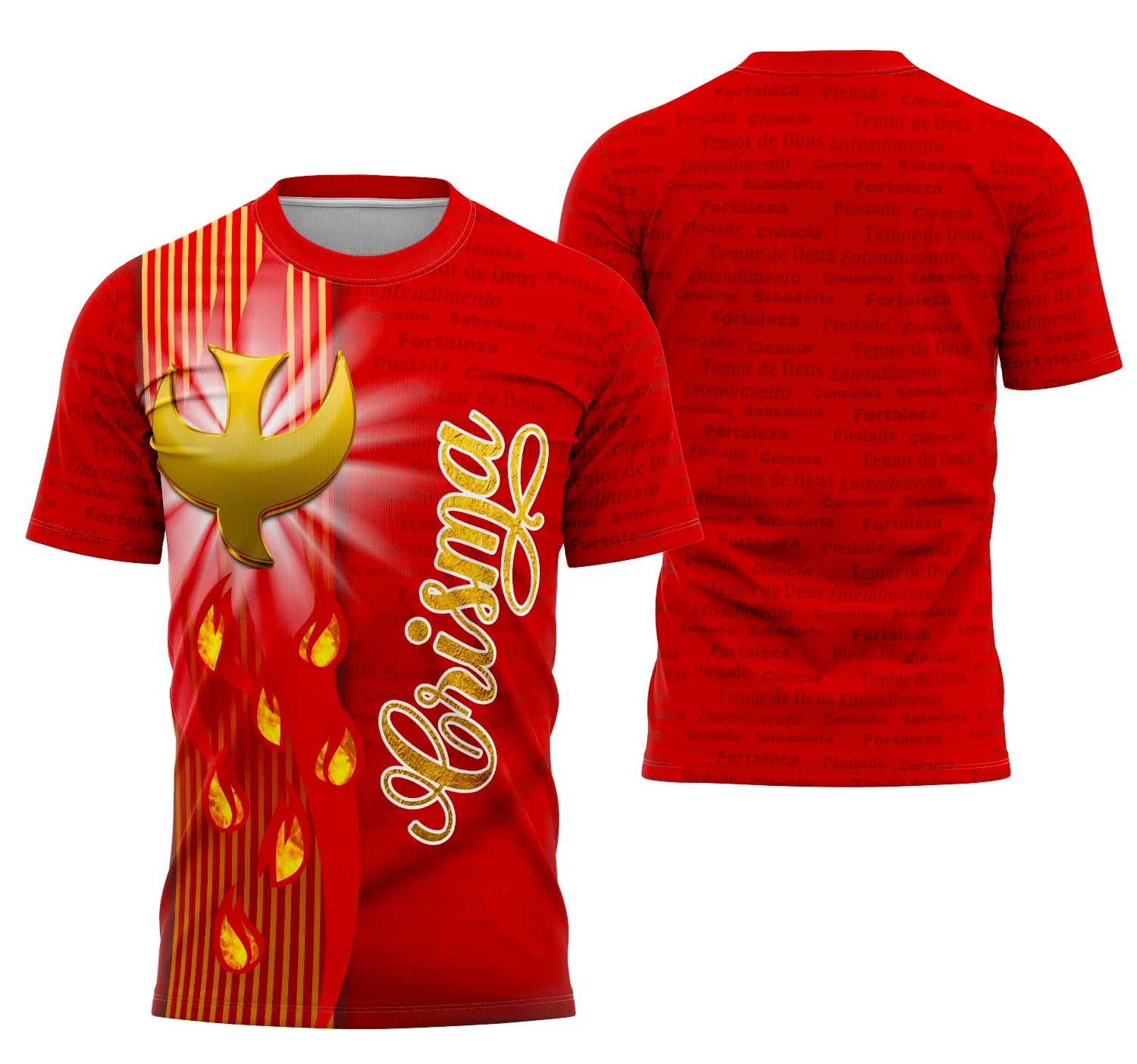 Camiseta unissex preta com logo no peito e estampa grande nas costas mostrando tema Igreja Católica Crisma 2026, ideal para celebrações religiosas e eventos da crisma.