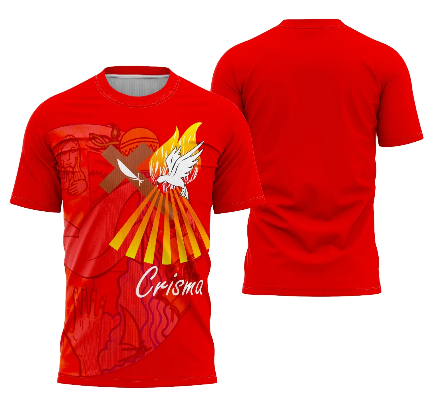 Camiseta unissex branca com logo no peito e estampa grande nas costas, tema Igreja Católica Crisma 2026, design moderno e elegante.