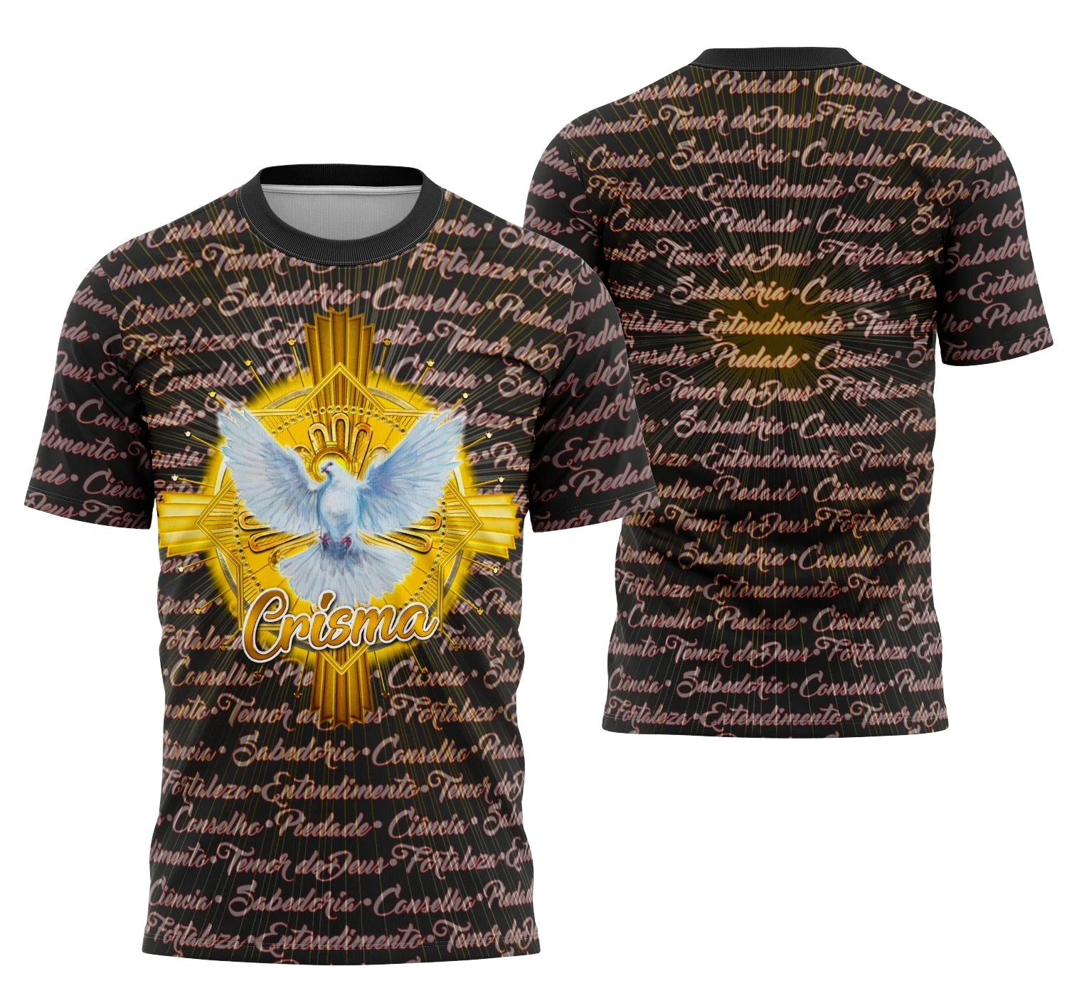 Camiseta unissex branca com logo no peito e estampa grande nas costas mostrando tema Igreja Católica Crisma 2026, ideal para celebrações religiosas e eventos especiais