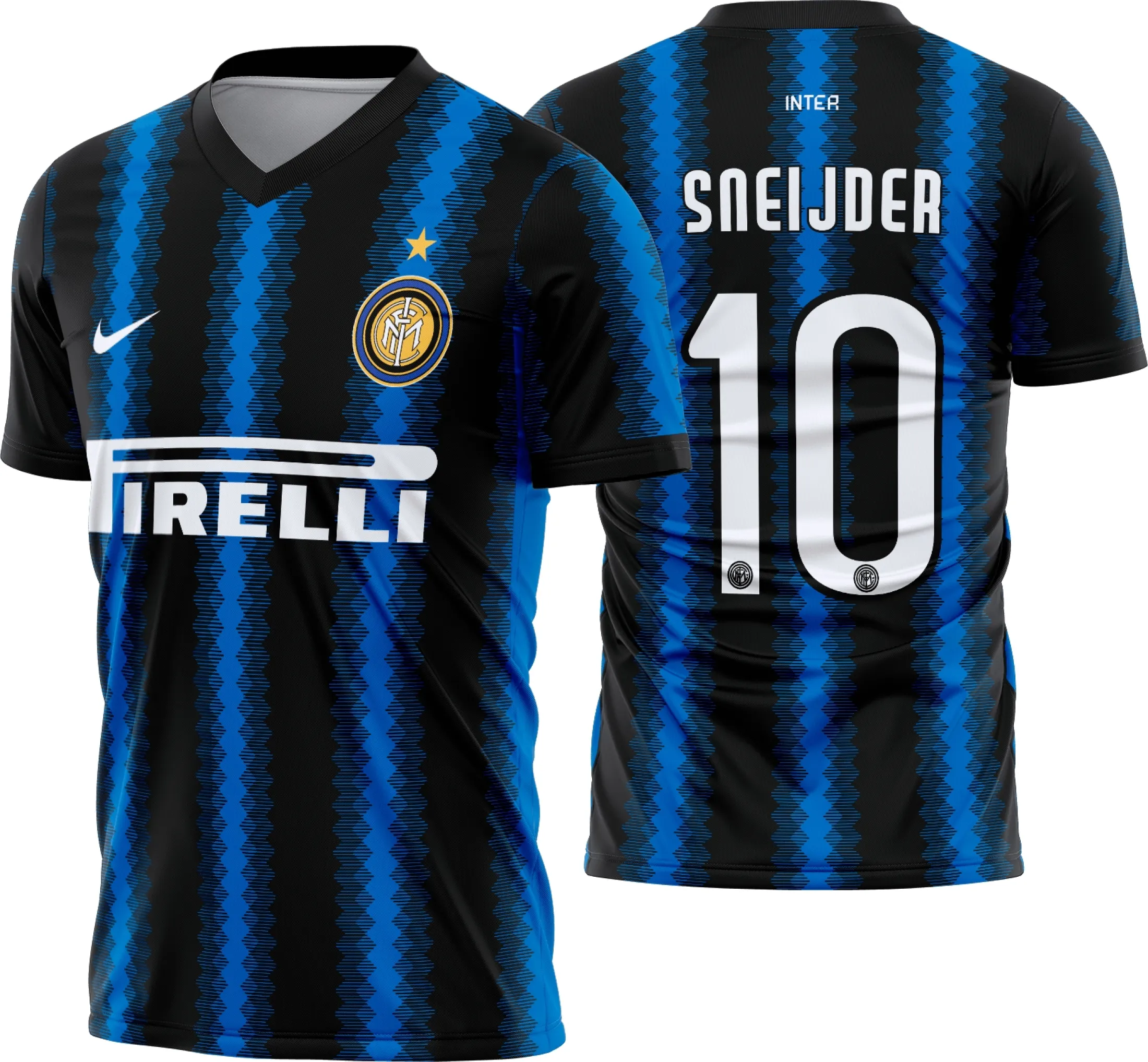 Camiseta unissex preta com logo no peito e estampa grande nas costas do Inter de Milão titular 2010-11, ideal para fãs do time e designers gráficos.