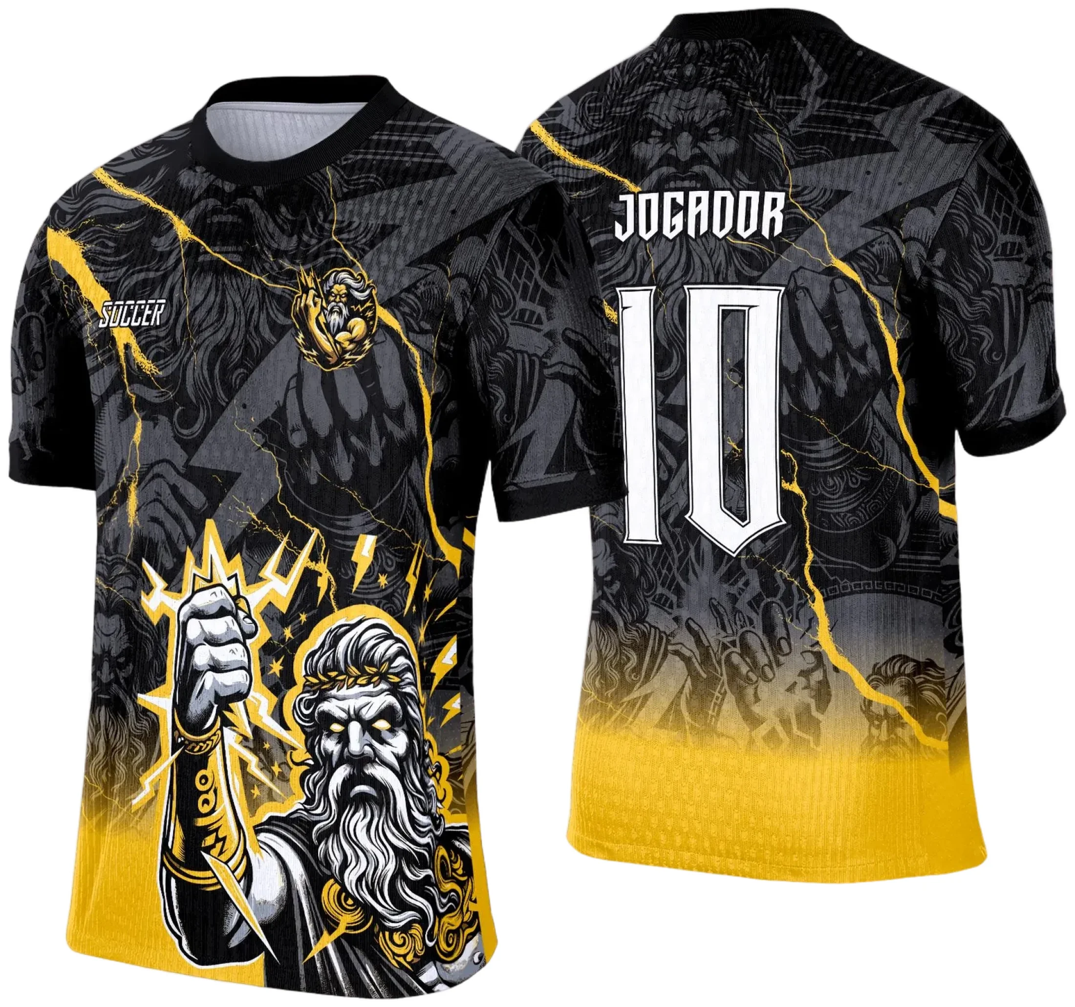 Camiseta unissex preta com logo no peito e estampa grande nas costas com o tema Zeus e raios, destacando força e energia.