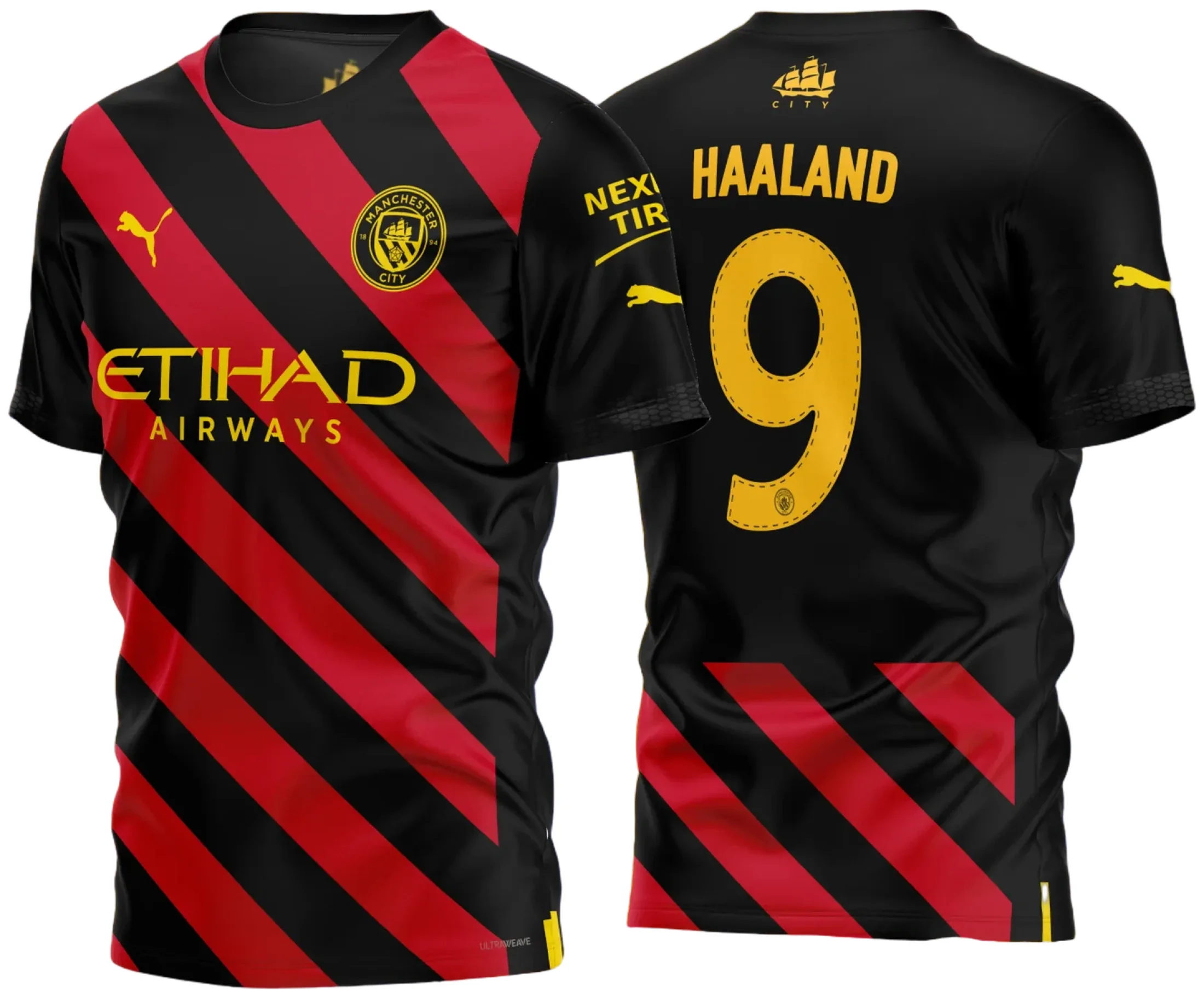 Camiseta unissex preta com logo no peito e estampa grande nas costas do Manchester City Reserva 2022 2023, perfeita para fãs do time e estilo esportivo casual.