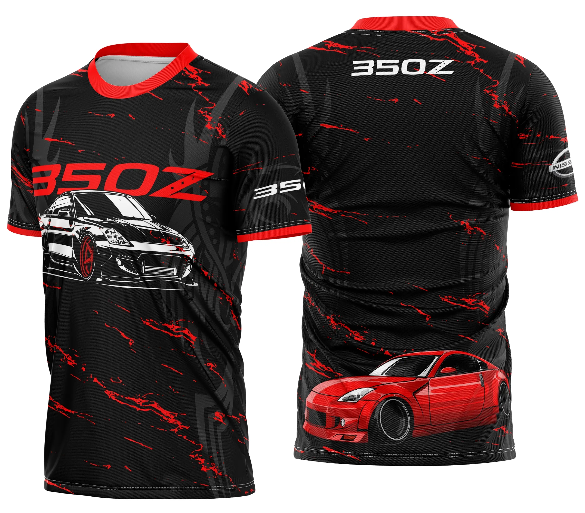 Camiseta unissex preta com logo no peito e estampa grande nas costas da Marca de Carro Personalizada, design moderno e atraente, perfeita para fãs automotivos.