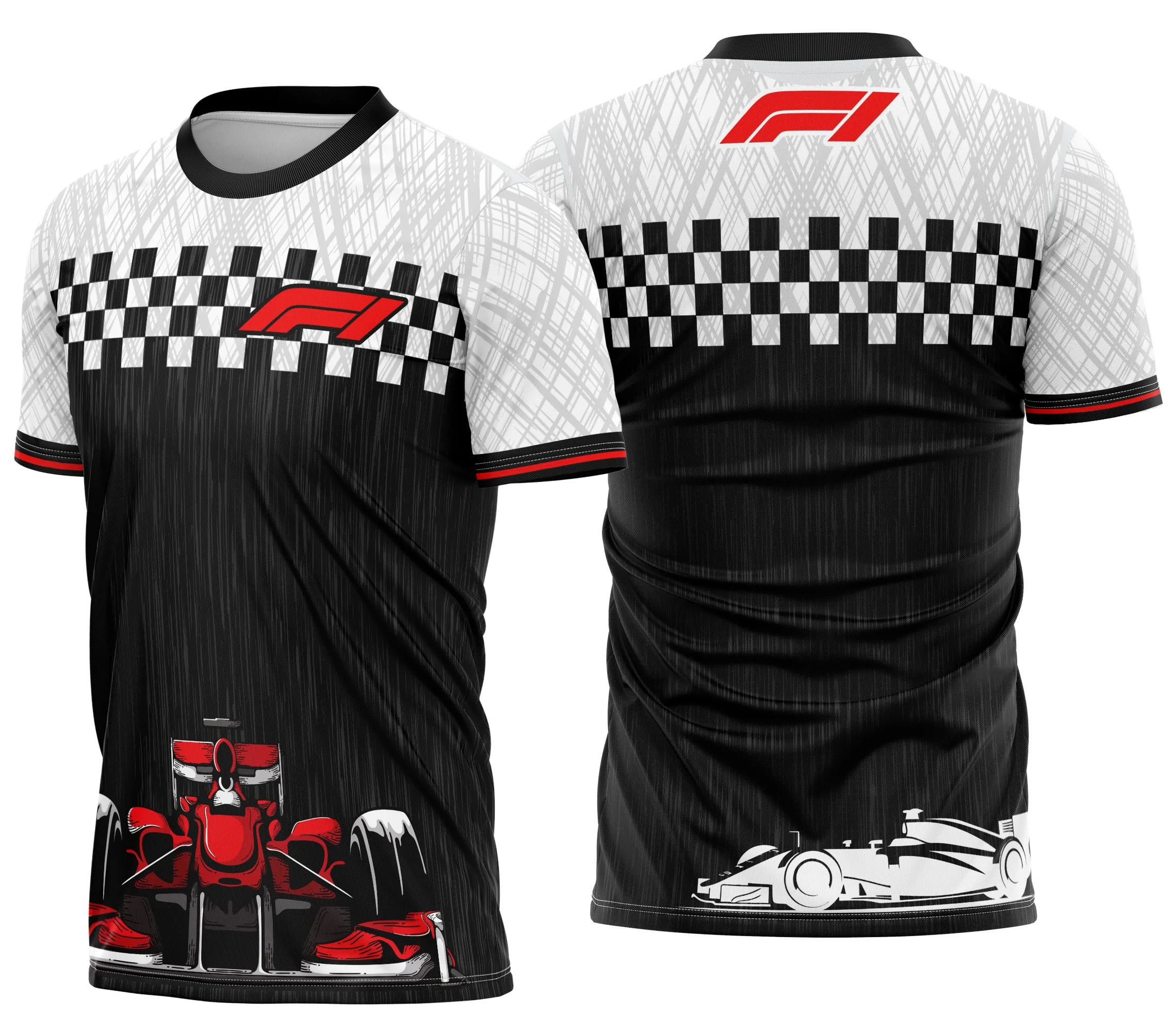 Camiseta unissex preta com logo no peito e estampa grande nas costas da marca de carro personalizada, ideal para apaixonados por automóveis.