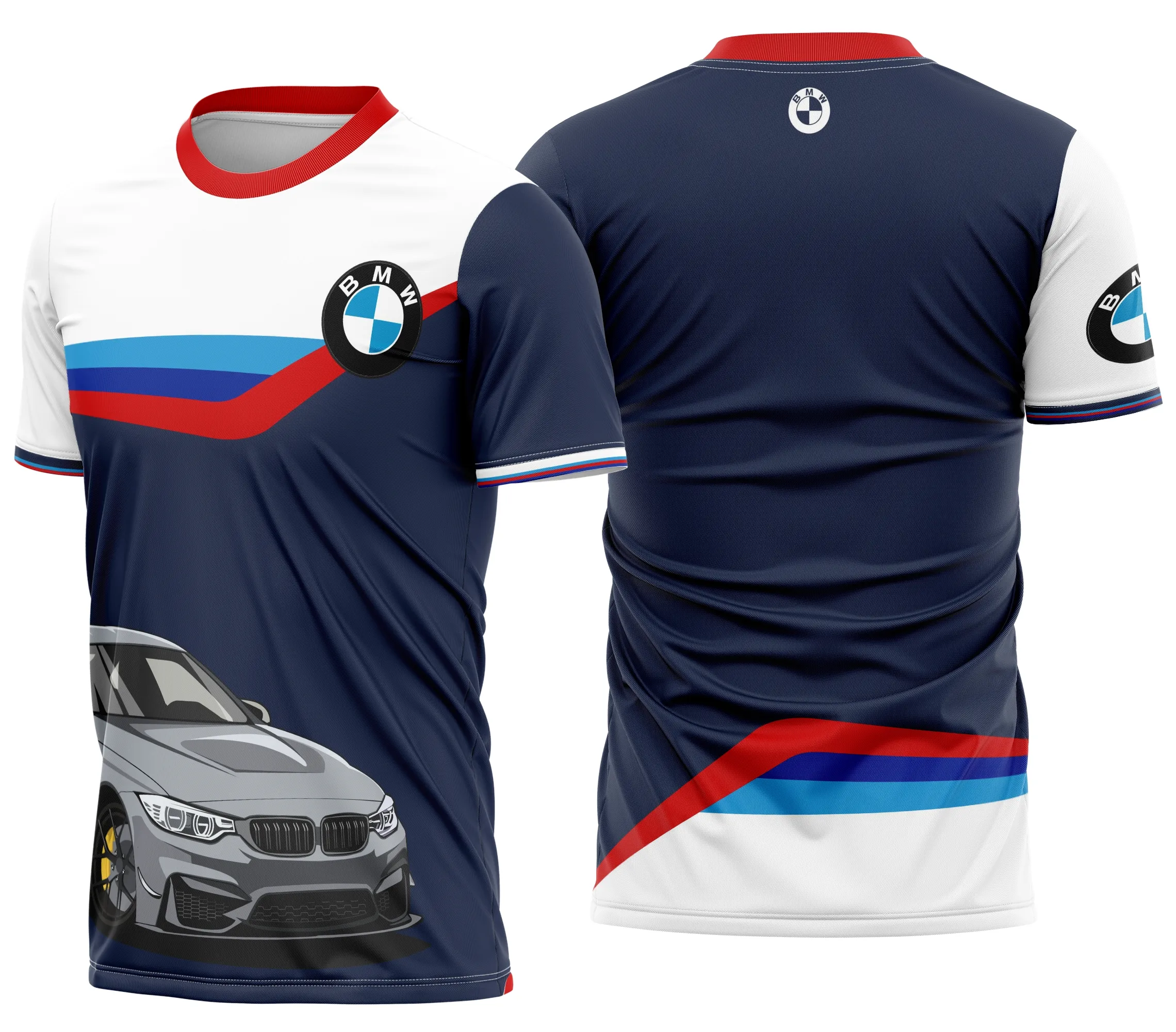 Camiseta unissex preta com logo BMW no peito e estampa grande nas costas com tema de marca de carro personalizada BMW, ideal para fãs da marca em estilo moderno e confortável.