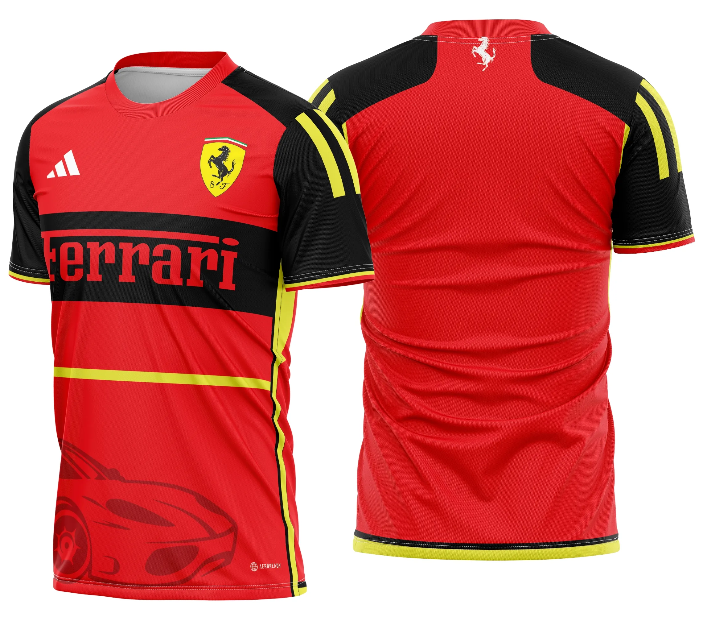 Camiseta unissex preta com logo Ferrari no peito e estampa grande nas costas destacando o design exclusivo da marca de carro Ferrari