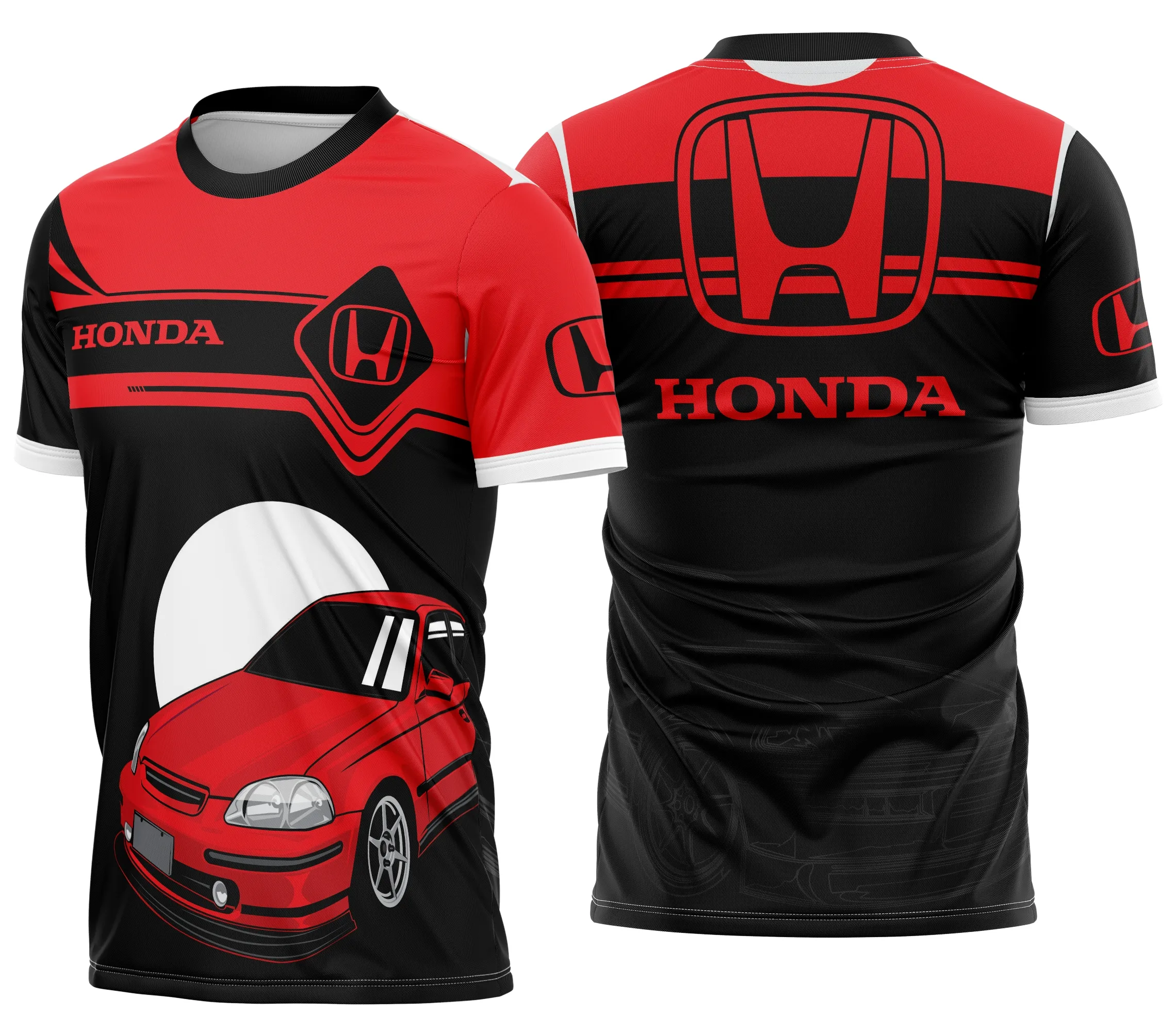 Camiseta unissex preta com logo Honda no peito e estampa grande nas costas, destacando a marca de carro homenageada com estilo moderno e atitude.