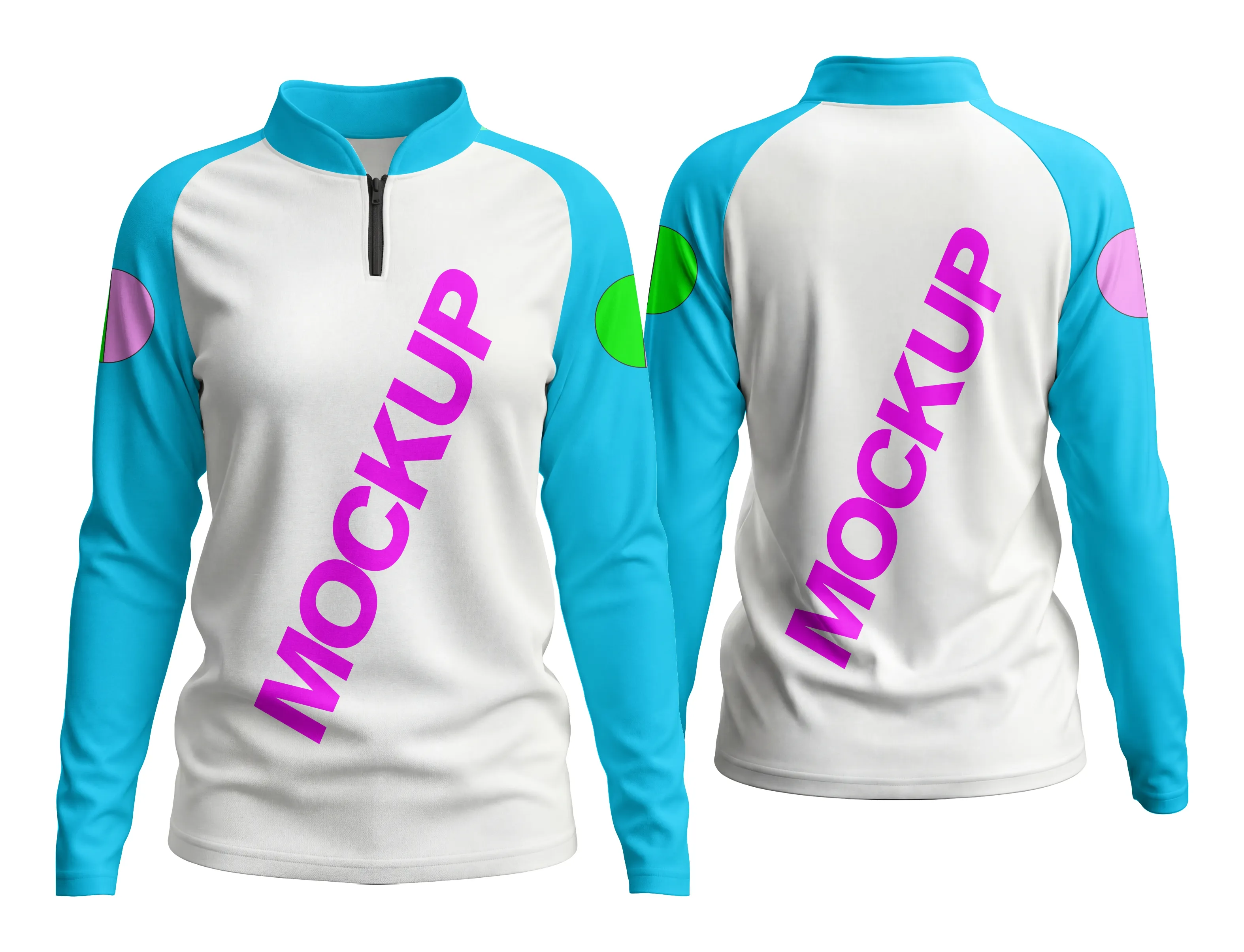 Camisa feminina raglan preta com logo no peito e estampa grande nas costas, estilo mockup editável, ideal para personalização, com zíper frontal e design moderno, unissex, perfeita para destaque visual.