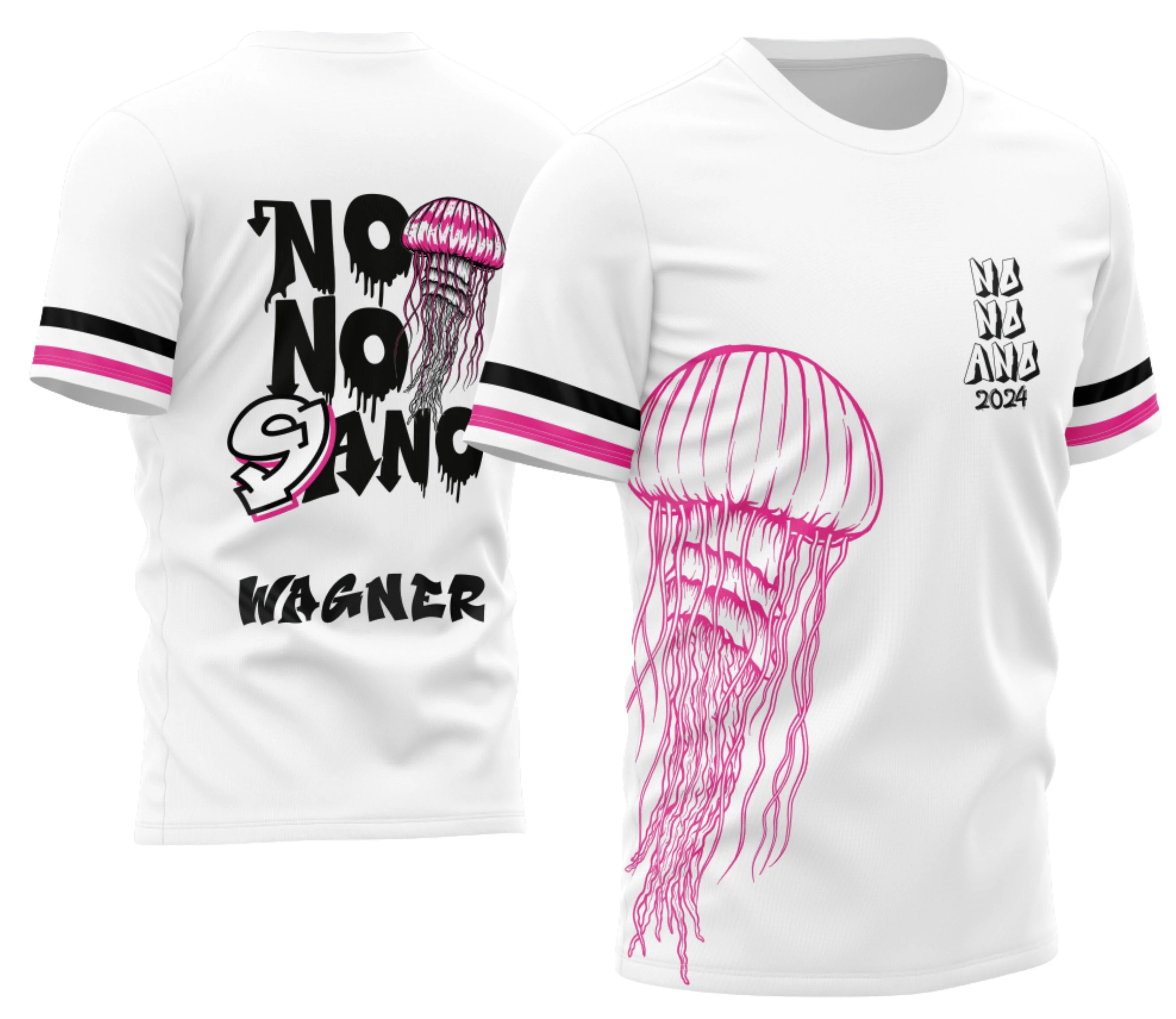 Camiseta unissex preta com logo no peito e estampa grande nas costas com tema Nono Ano 2026 Água-Viva, visual moderno e atraente para estudantes e fãs da coleção.