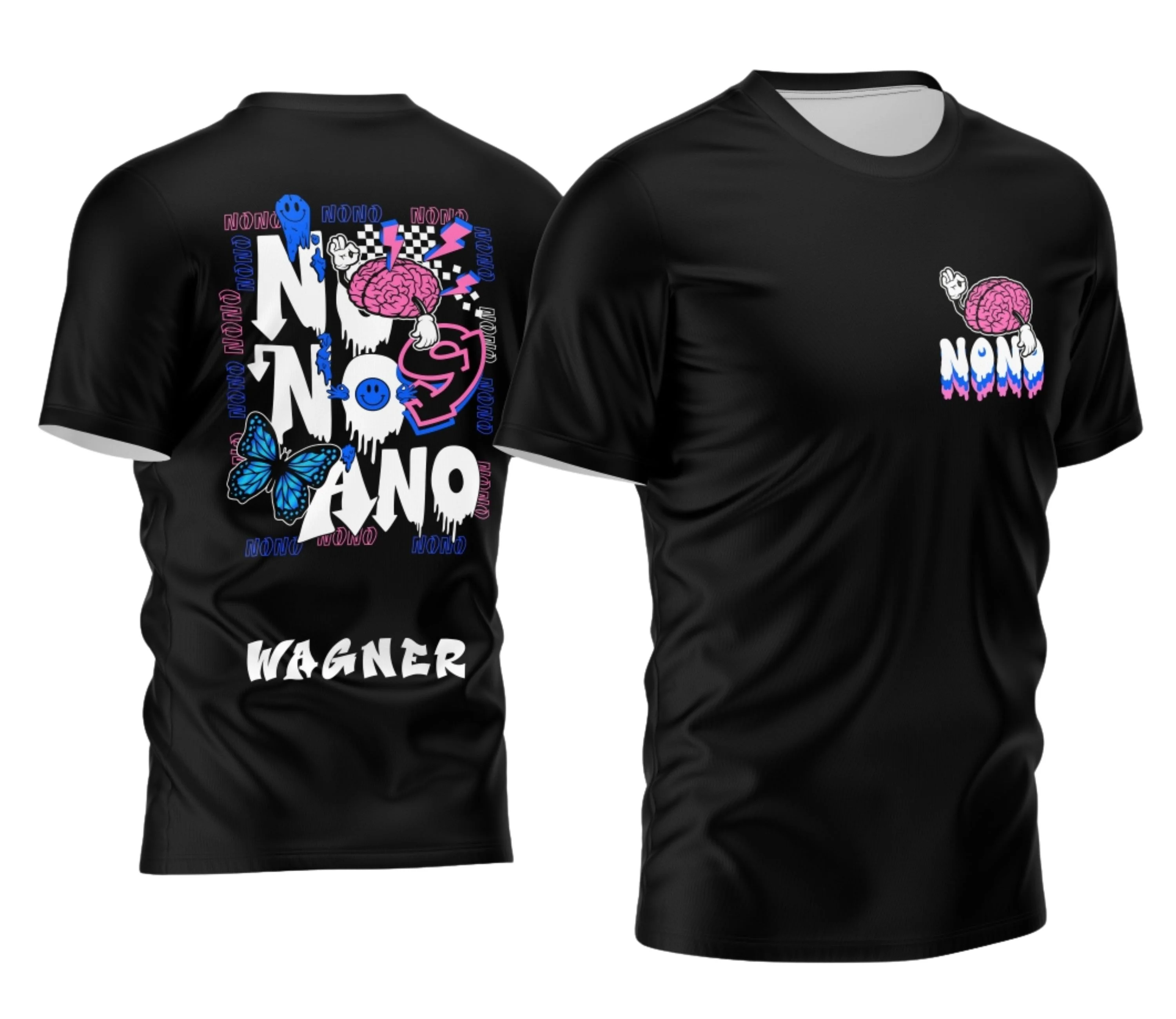 Camiseta unissex preta com logo no peito e estampa grande nas costas com tema Borboleta do Nono Ano 2026, design moderno e vibrante para estudantes.