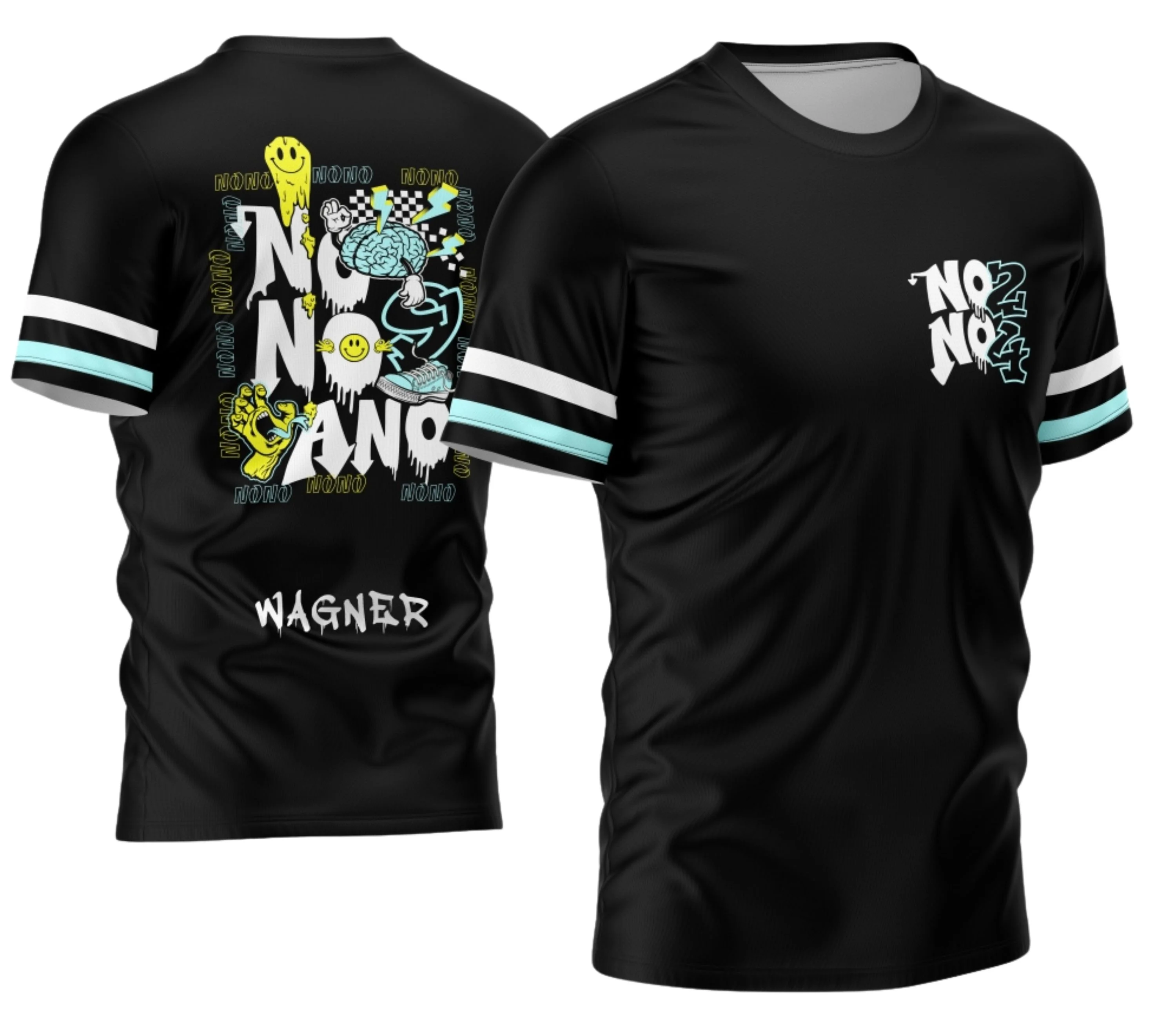 Camiseta unissex com logo no peito e estampa grande nas costas tema Nono Ano 2026 Derretendo em fundo preto, design moderno e vibrante em azul, estilo jovem e contemporâneo.