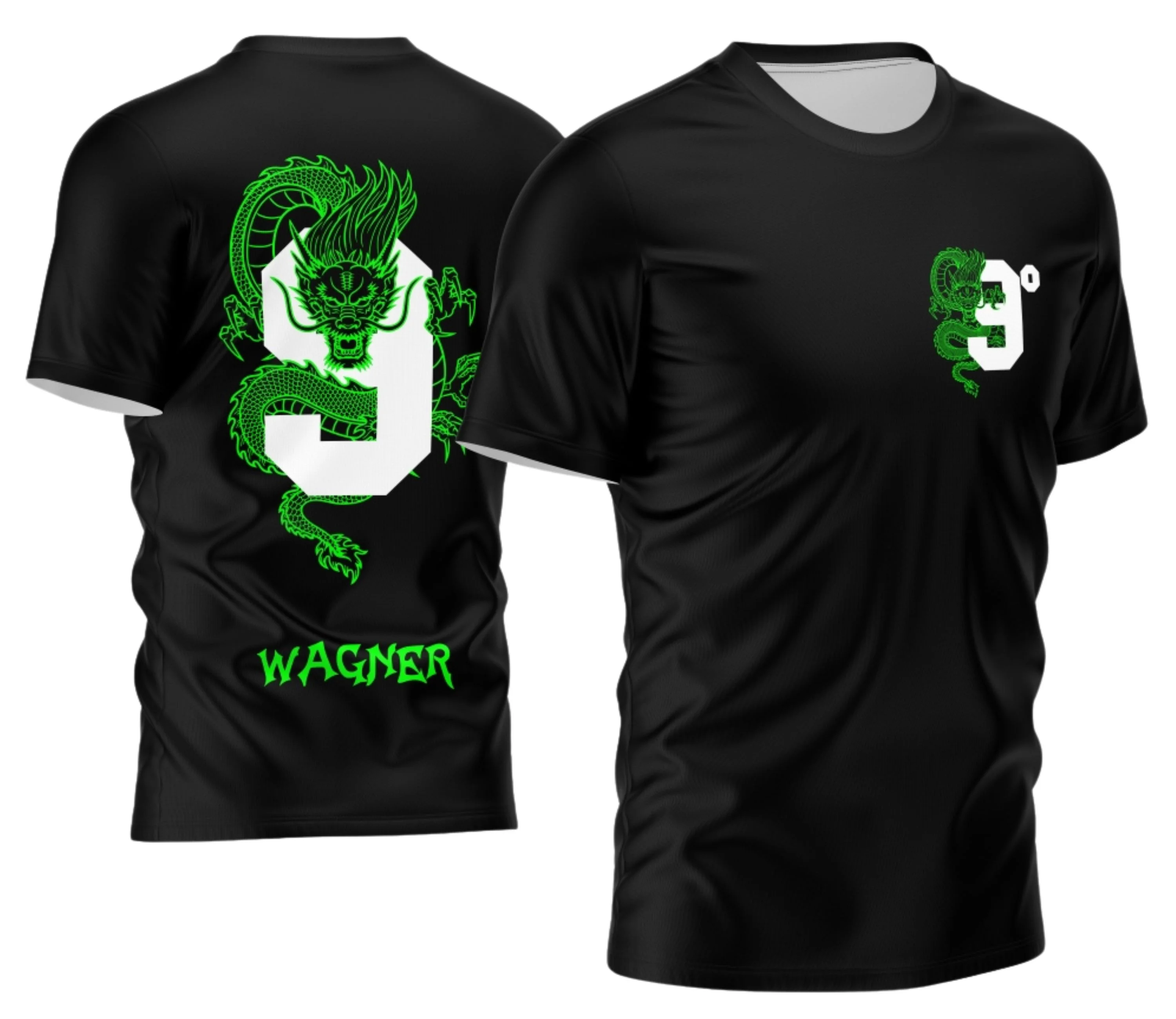 Camiseta preta unissex com logo no peito e estampa grande nas costas com tema Nono Ano 2026 Dragão, destacando design moderno e vibrante.