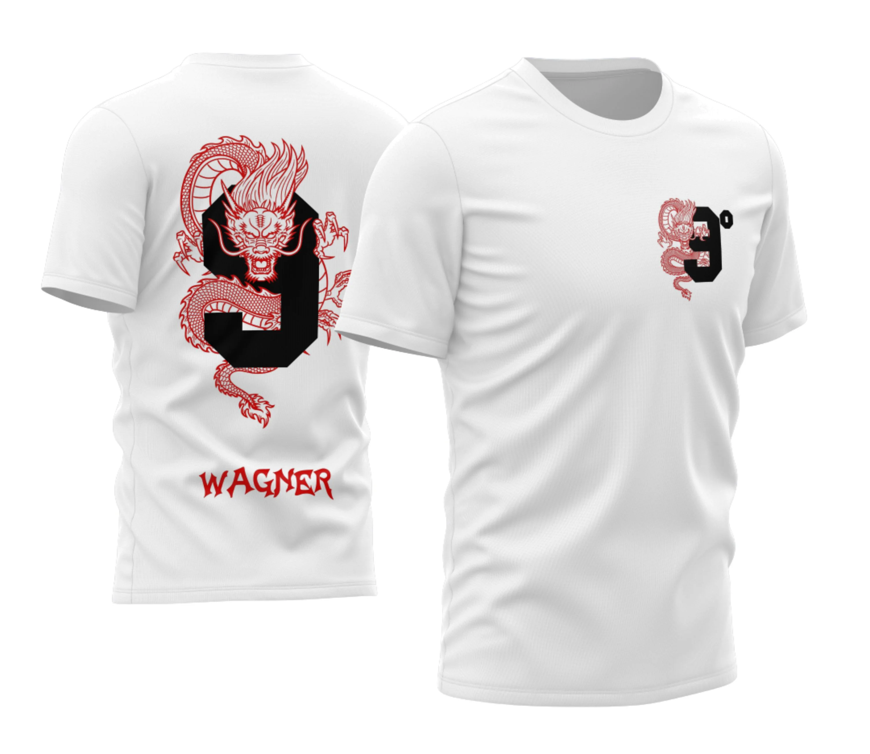 Camiseta unissex preta com logo no peito e estampa grande nas costas mostrando dragão vibrante, temática do Nono Ano 2026 para turmas escolares e eventos especiais.