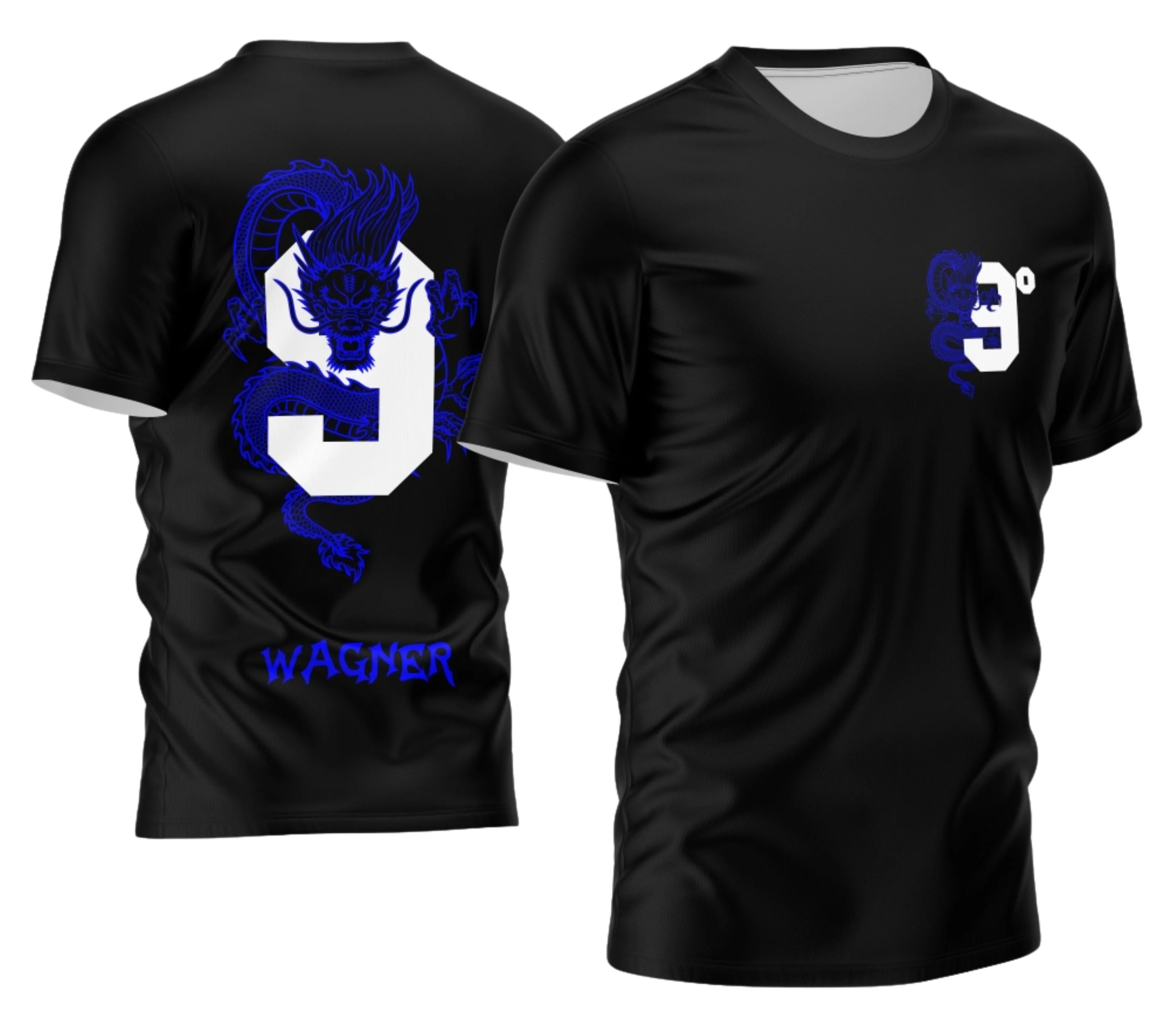 Camiseta unissex preta com logo no peito e estampa grande nas costas com tema Dragão para Nono Ano 2026, visual moderno e marcante para estudantes.