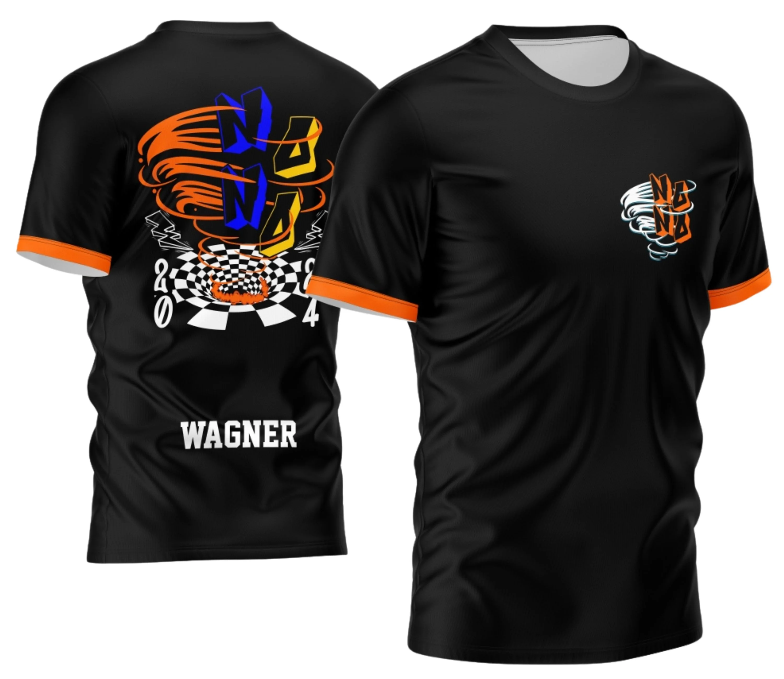 Camiseta unissex preta com logo no peito e estampa grande nas costas inspirada no Nono Ano 2026 Furacão Laranja e Amarelo, estilo vibrante e marcante para estudantes.