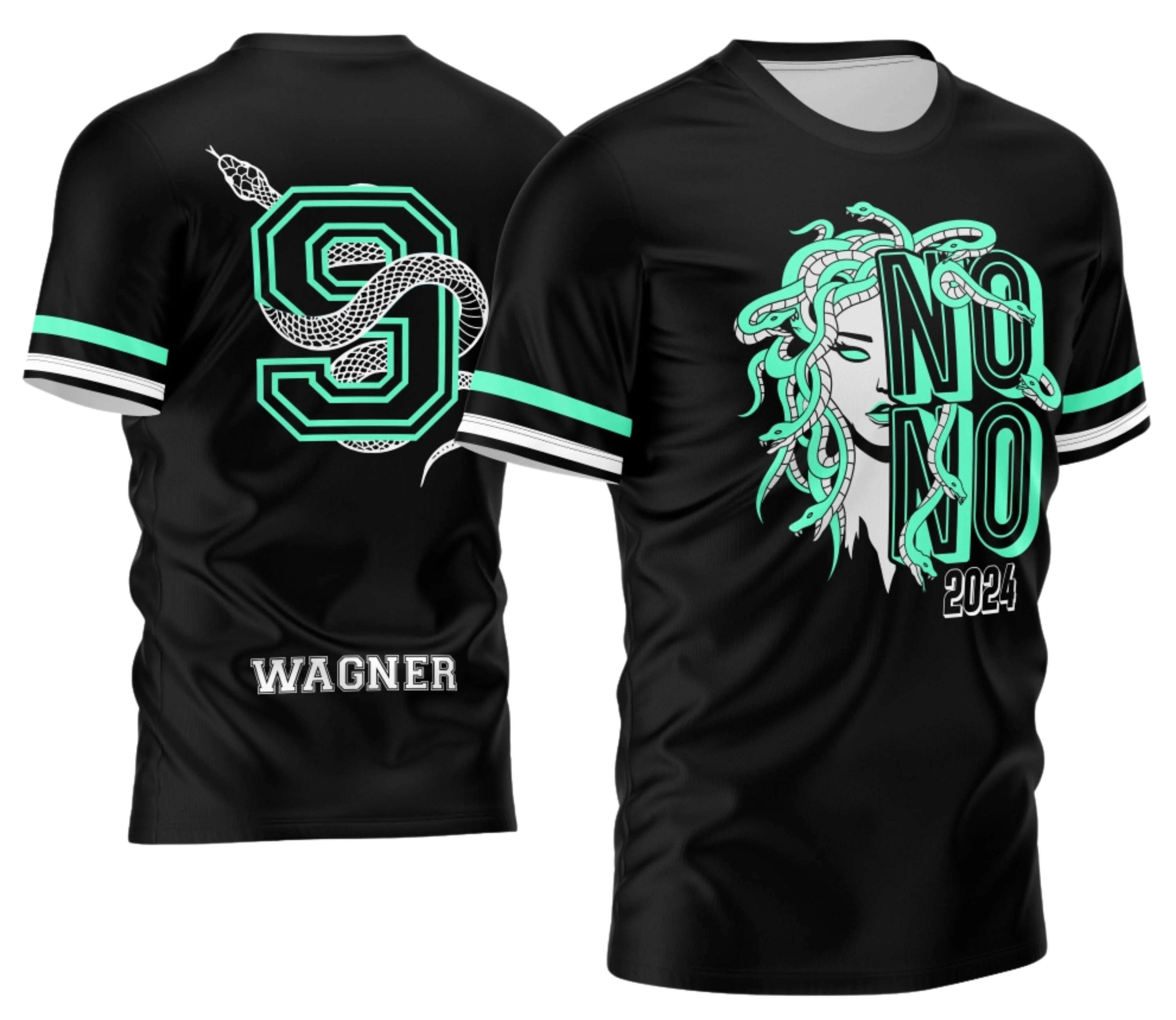 Camiseta unissex preta com logo no peito e estampa grande nas costas do Nono Ano 2026 Medusa Verde, destacando cores vibrantes e design moderno.