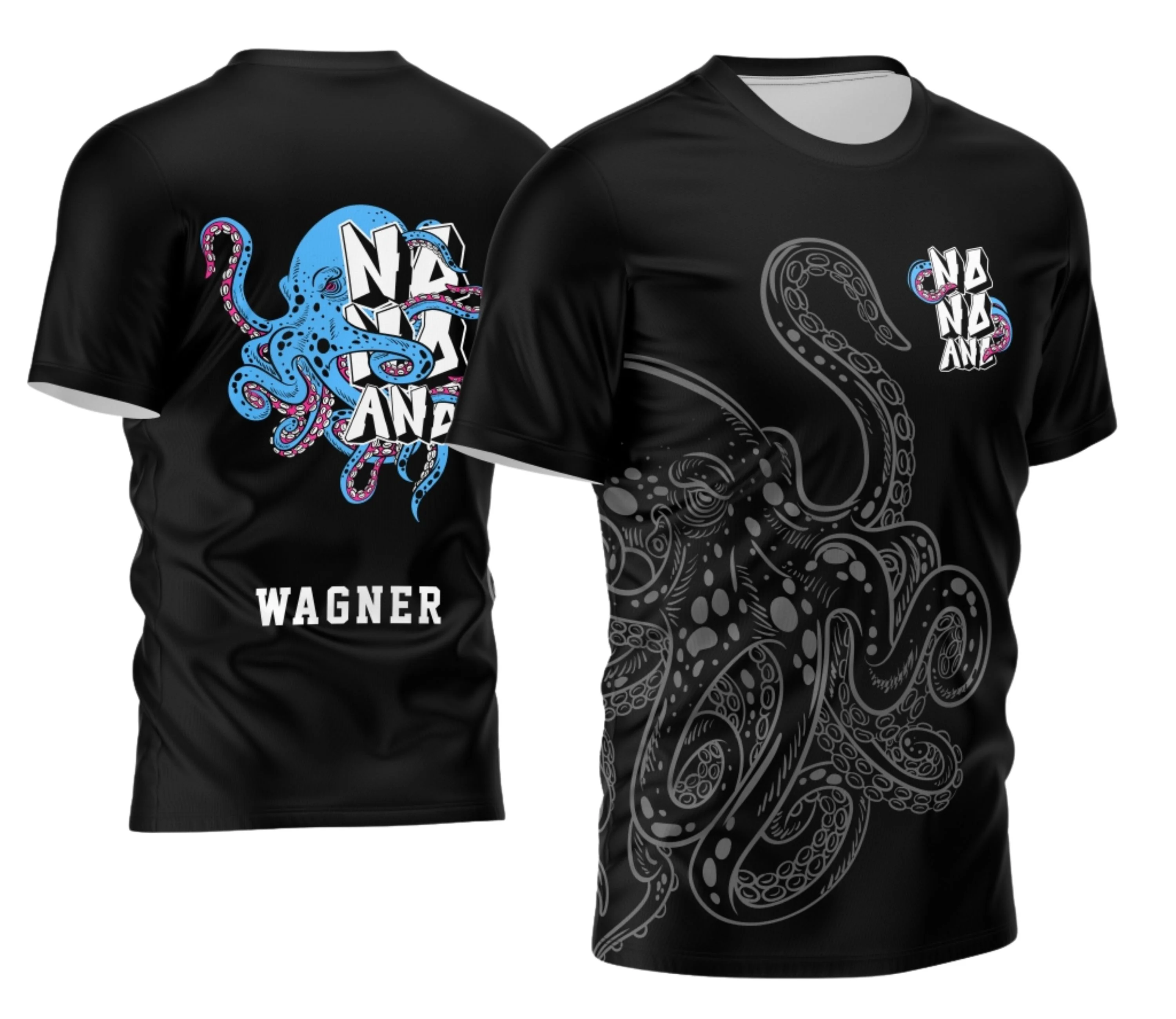 Camiseta unissex preta com logo no peito e estampa grande nas costas mostrando desenho do polvo para o Nono Ano 2026, ideal para estudantes comemorando a turma.