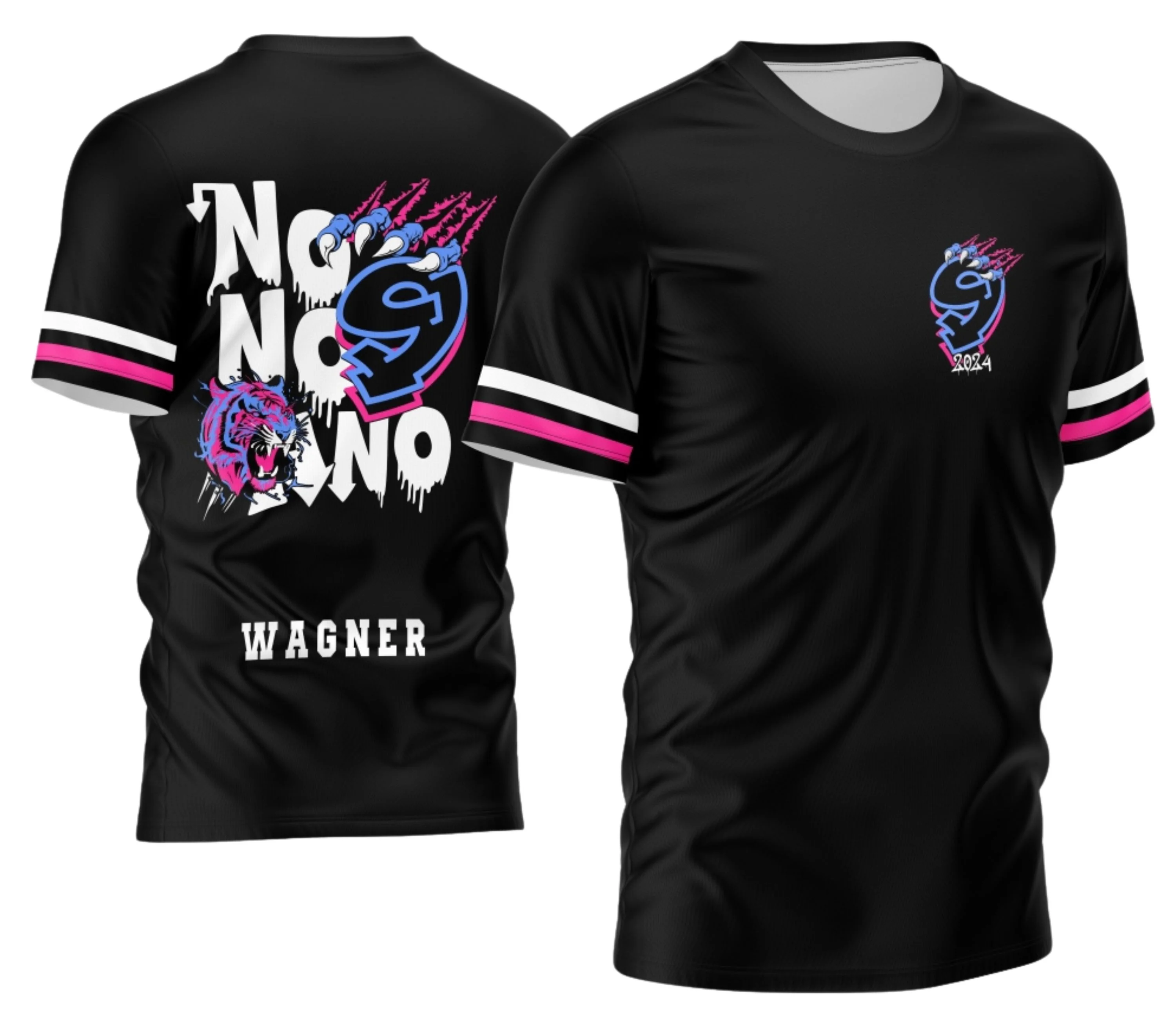 Camiseta unissex preta com logo no peito e estampa grande nas costas inspirada no tema Nono Ano 2026 Tigre, ideal para uso casual ou eventos escolares.
