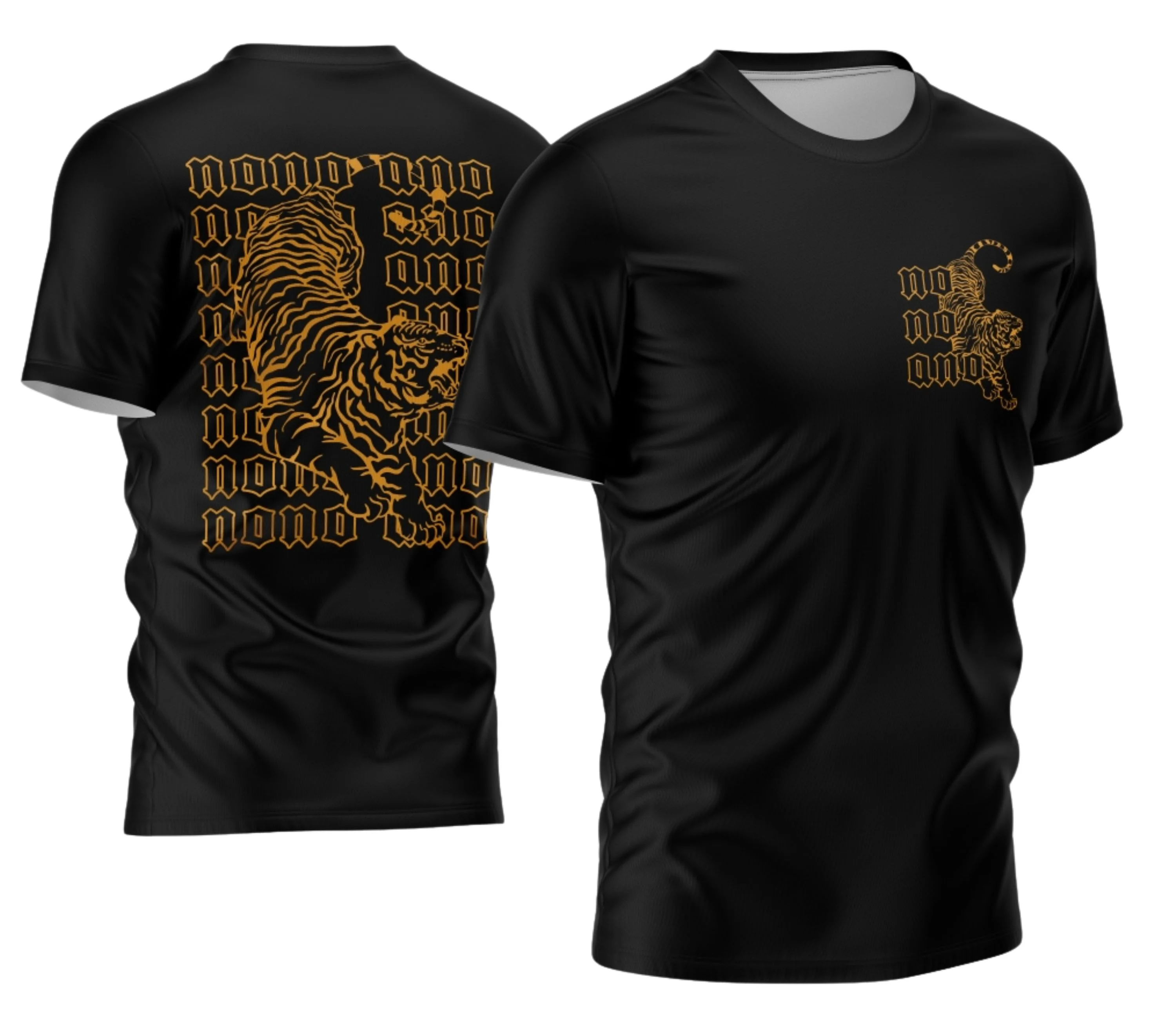 Foto da camiseta unissex preta com logo no peito e estampa grande nas costas, destacando o tema Camisa Nono Ano 2026 Tigre com design vibrante e moderno.