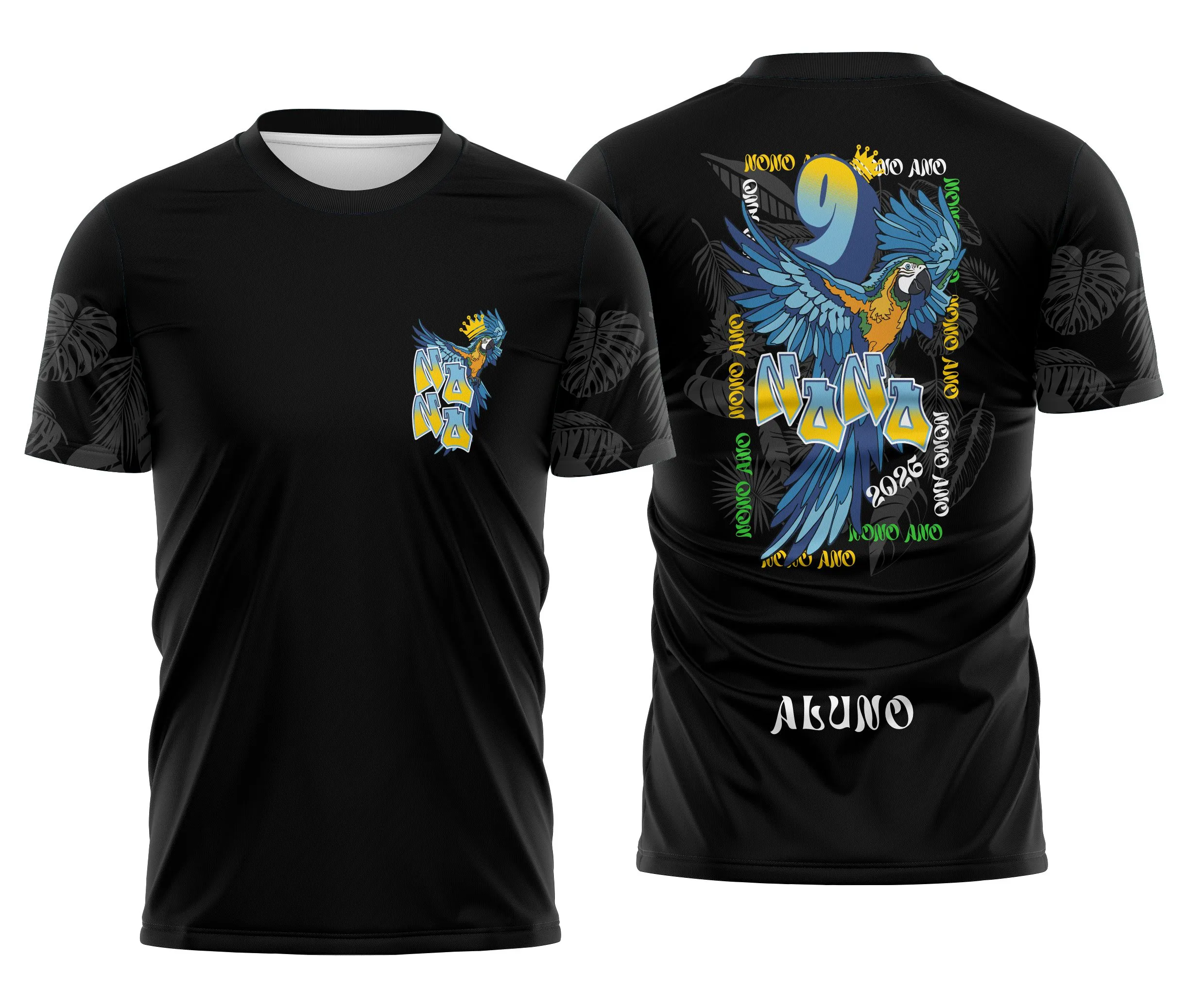 Camiseta unissex preta com logo no peito e estampa grande nas costas mostrando Arara Azul, tema Nono Ano, design vibrante e impactante para estudantes.