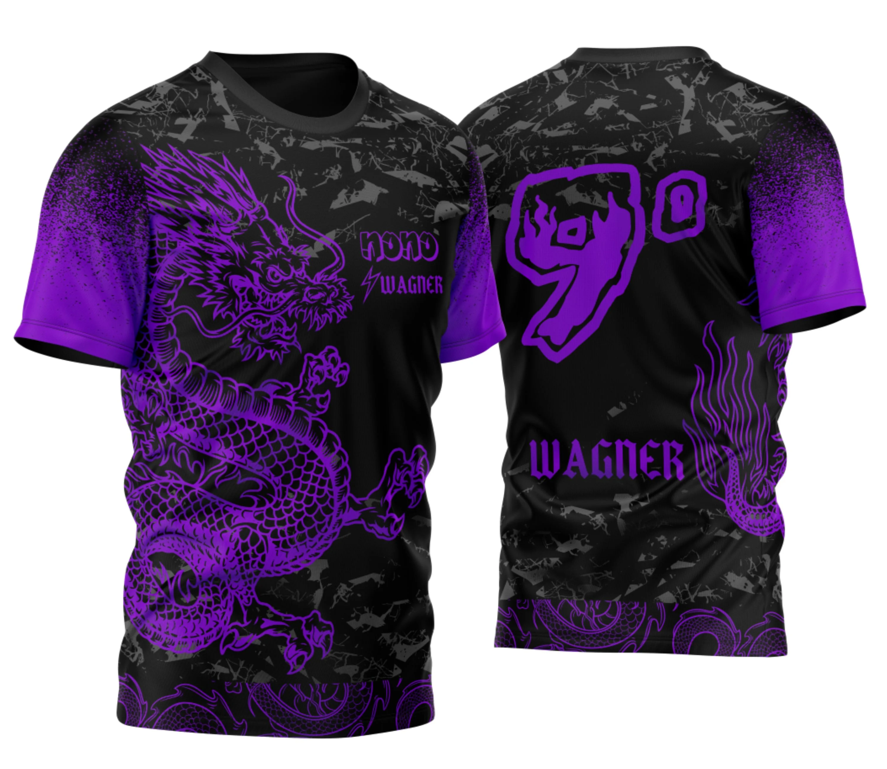 Camiseta unissex roxa com logo no peito e estampa grande nas costas, tema dragão japonês com partículas, estilo moderno e vibrante.