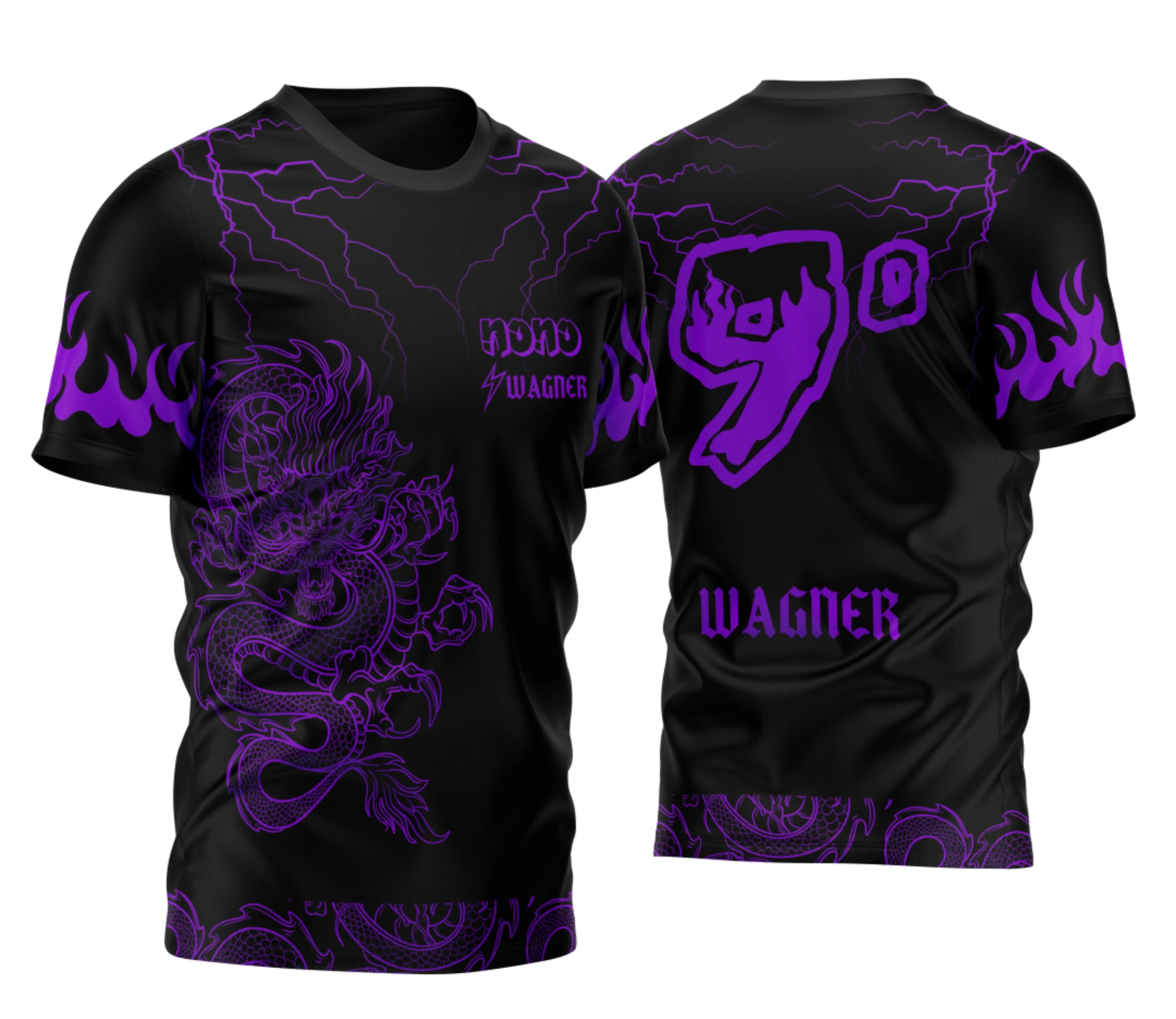 Camiseta unissex roxa com logo no peito e estampa grande nas costas mostrando dragão japonês com raios 2026, estilo moderno e vibrante para o nono ano.