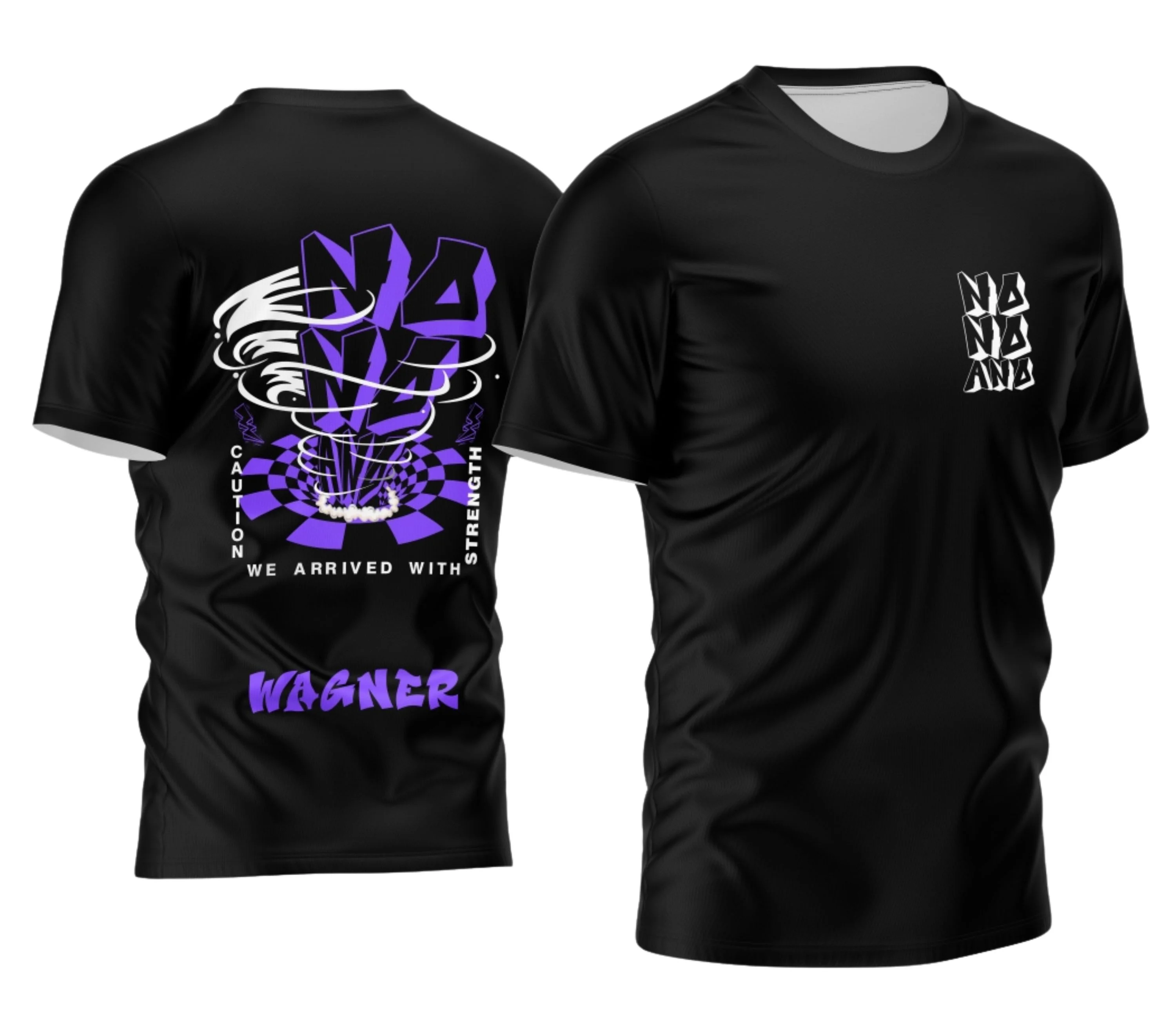 Camiseta unissex preta com logo no peito e estampa grande nas costas, tema Nono Ano Furacão 2026, ideal para estudantes e fãs do grupo, visual moderno e marcante.