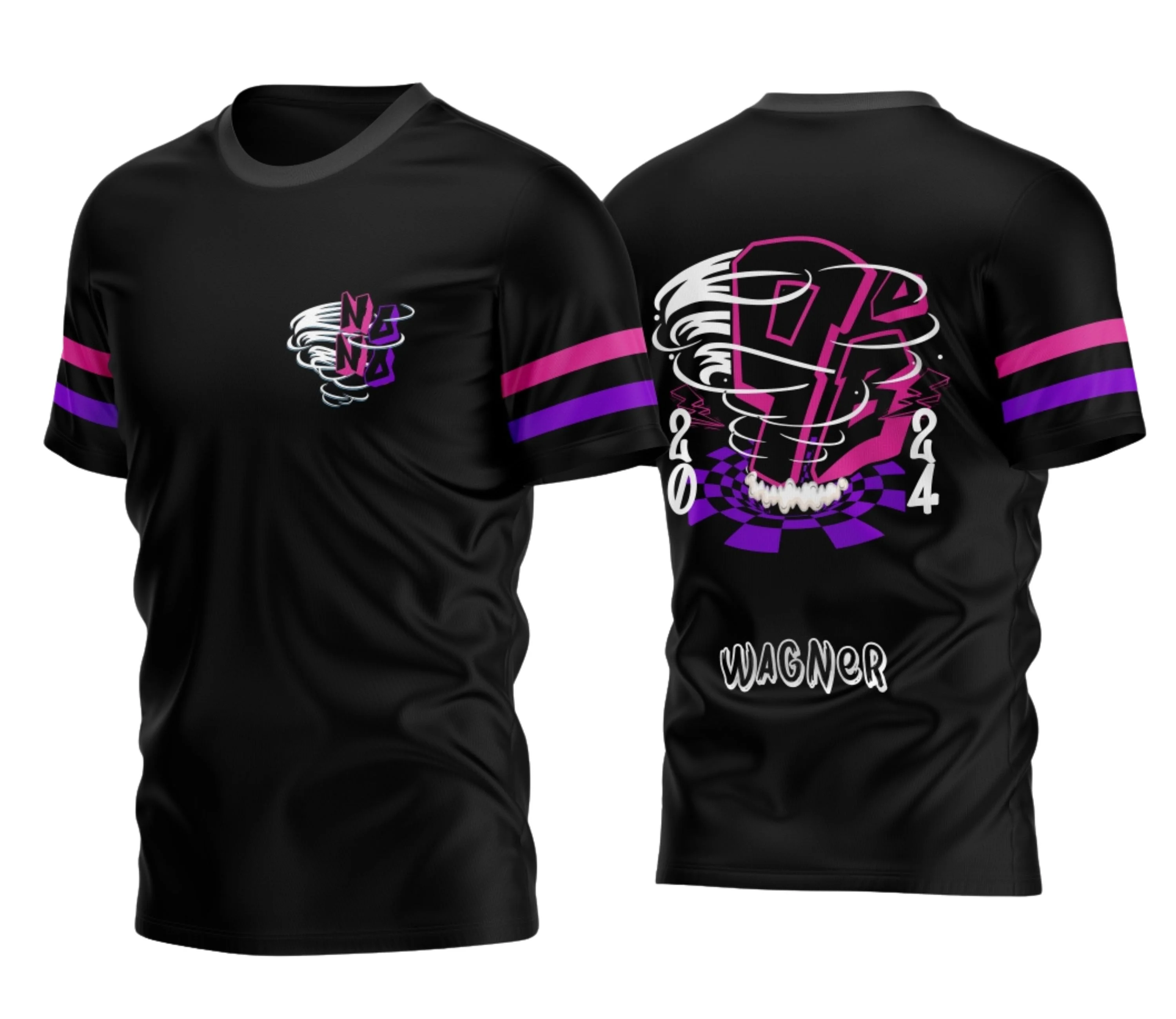 Camiseta unissex preta com logo no peito e estampa grande nas costas, destaque para o tema Camisa Nono Ano Furacão 2026 Modelo B, com visual moderno e impactante.