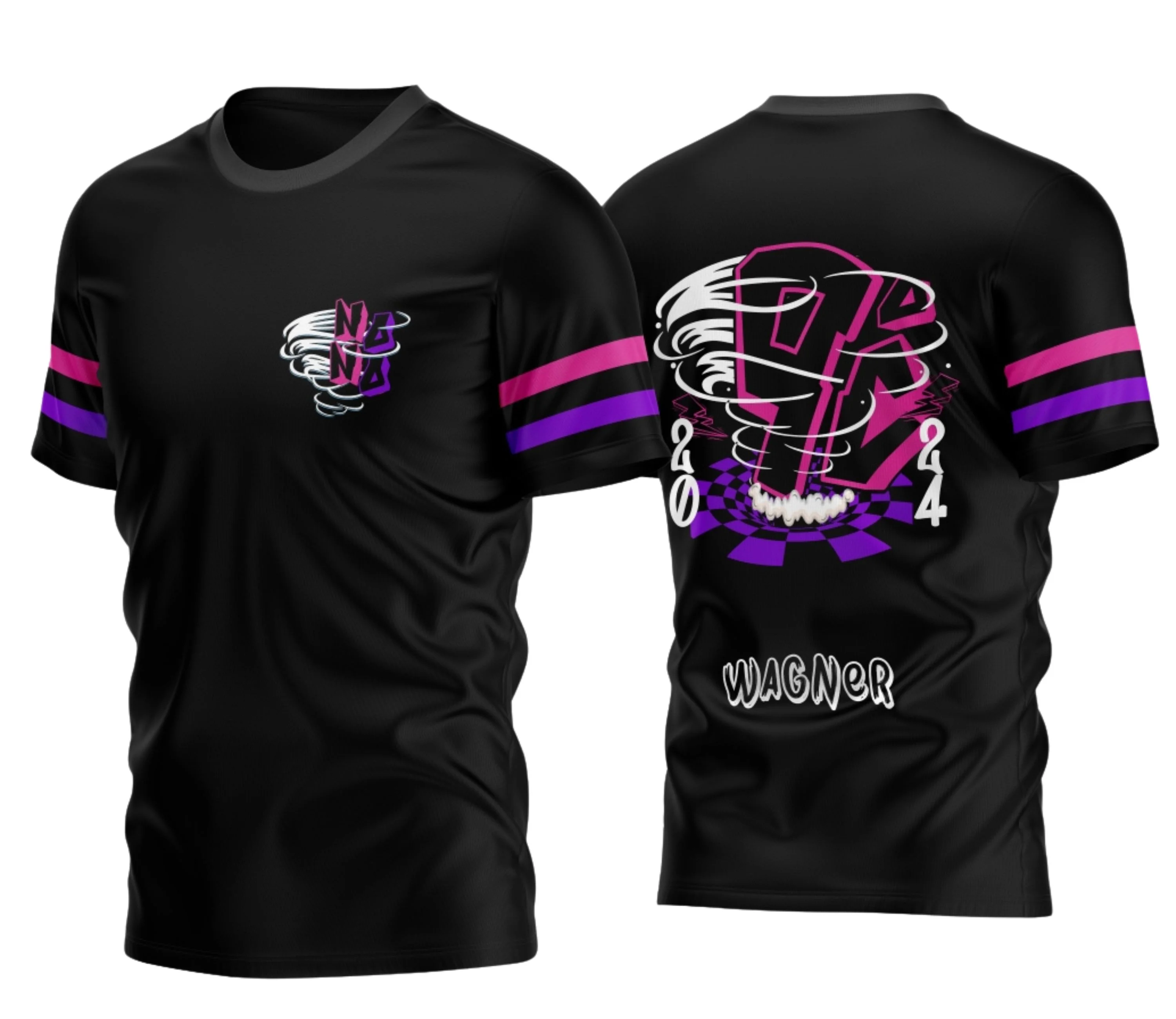 Camisa preta unissex com logo no peito e estampa grande nas costas do Nono Ano Furacão 2026 Modelo C, destaque para design moderno e vibrante, ideal para destaque em grupo escolar ou evento.