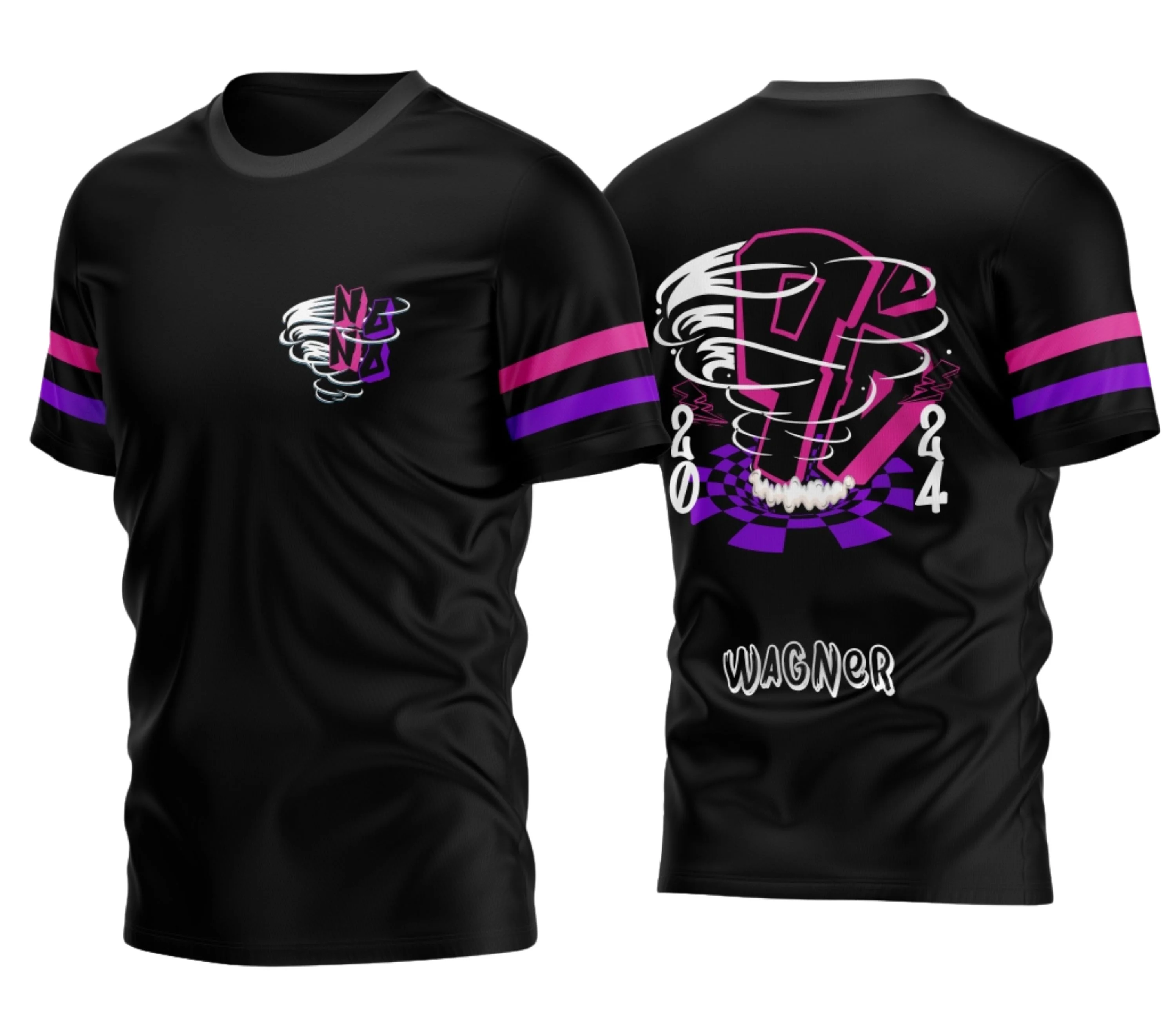 Camiseta unissex preta com logo no peito e estampa grande nas costas do Nono Ano Furacão 2026 Modelo D, visual moderno e impactante para turma escolar e fãs do tema escolar.