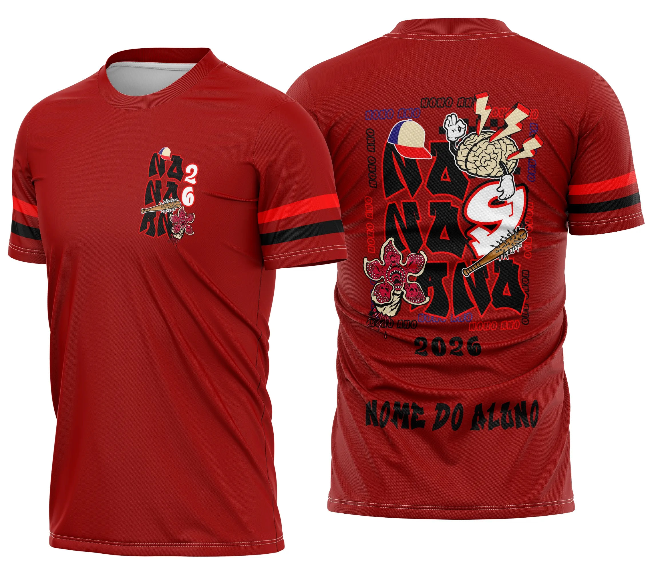 Camiseta unissex preta com logo no peito e estampa grande nas costas com tema do Demogorgon de Stranger Things, estilo jovem e moderno, perfeita para fãs do seriado.