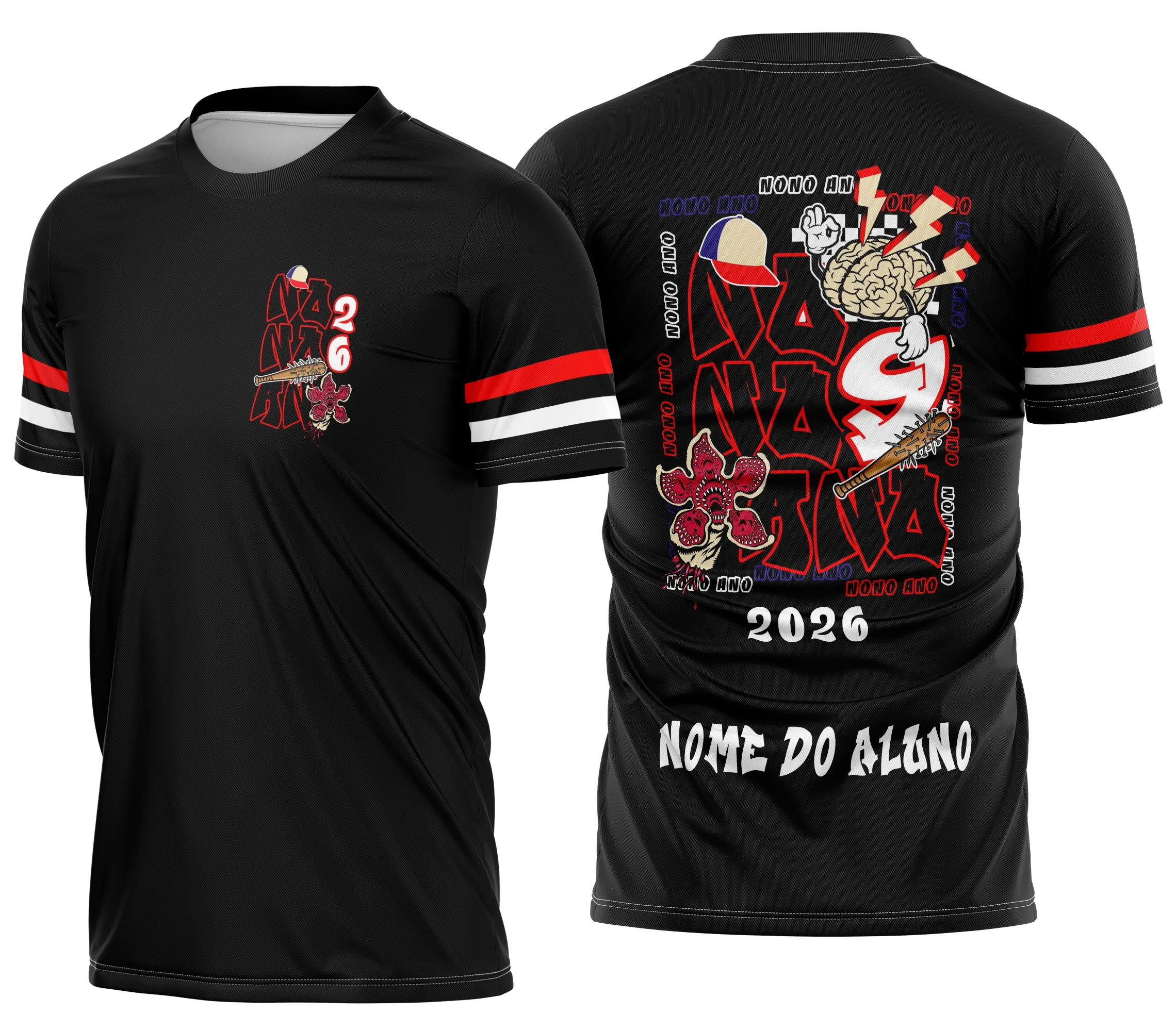 Camiseta unissex preta com logo no peito e estampa grande nas costas do Demogorgon baseada em Stranger Things, ideal para fãs do Nono Ano.