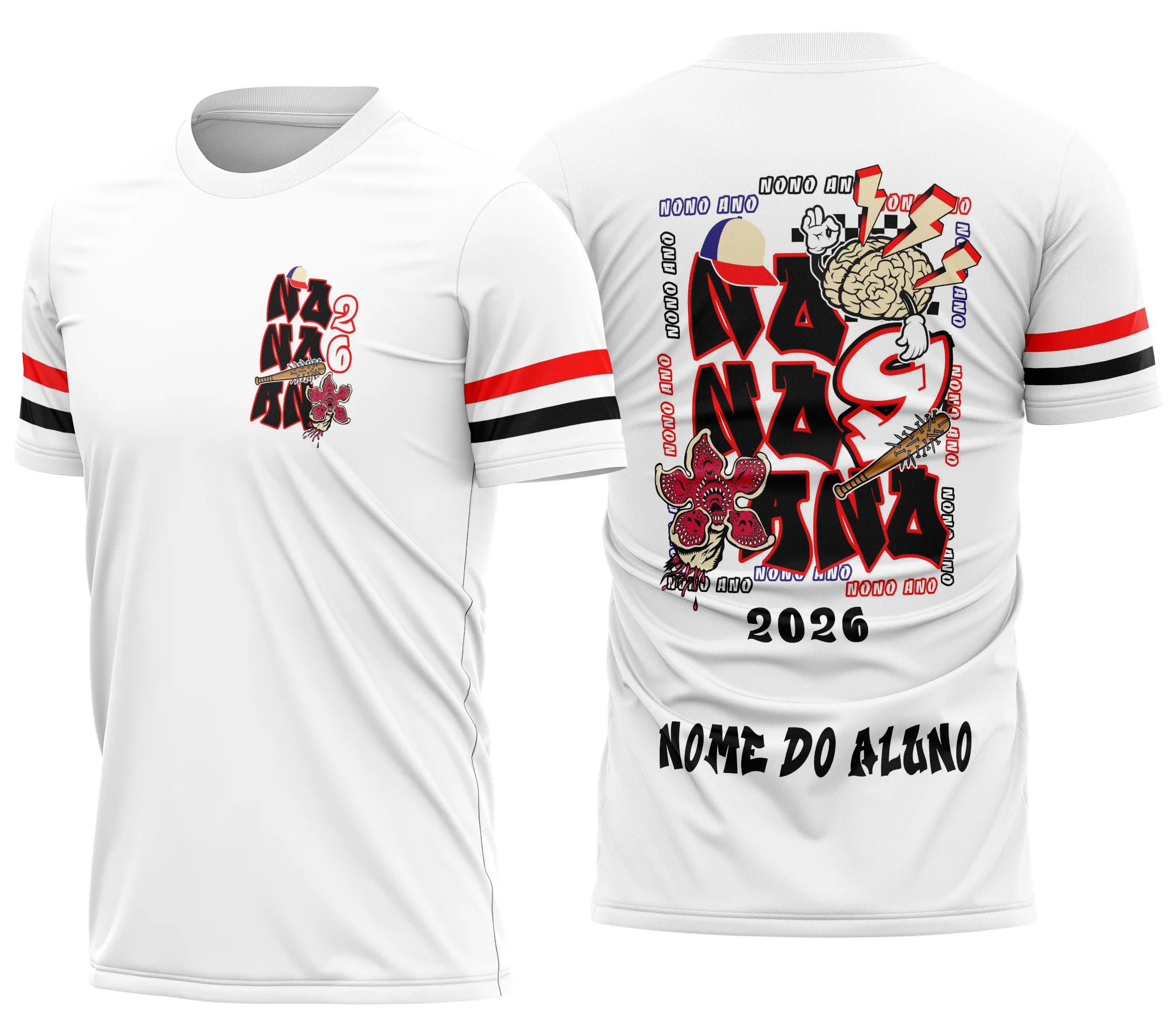 Camiseta unissex preta com logo no peito e estampa grande nas costas do Demogorgon da série Stranger Things, perfeita para fãs e estudantes do nono ano.