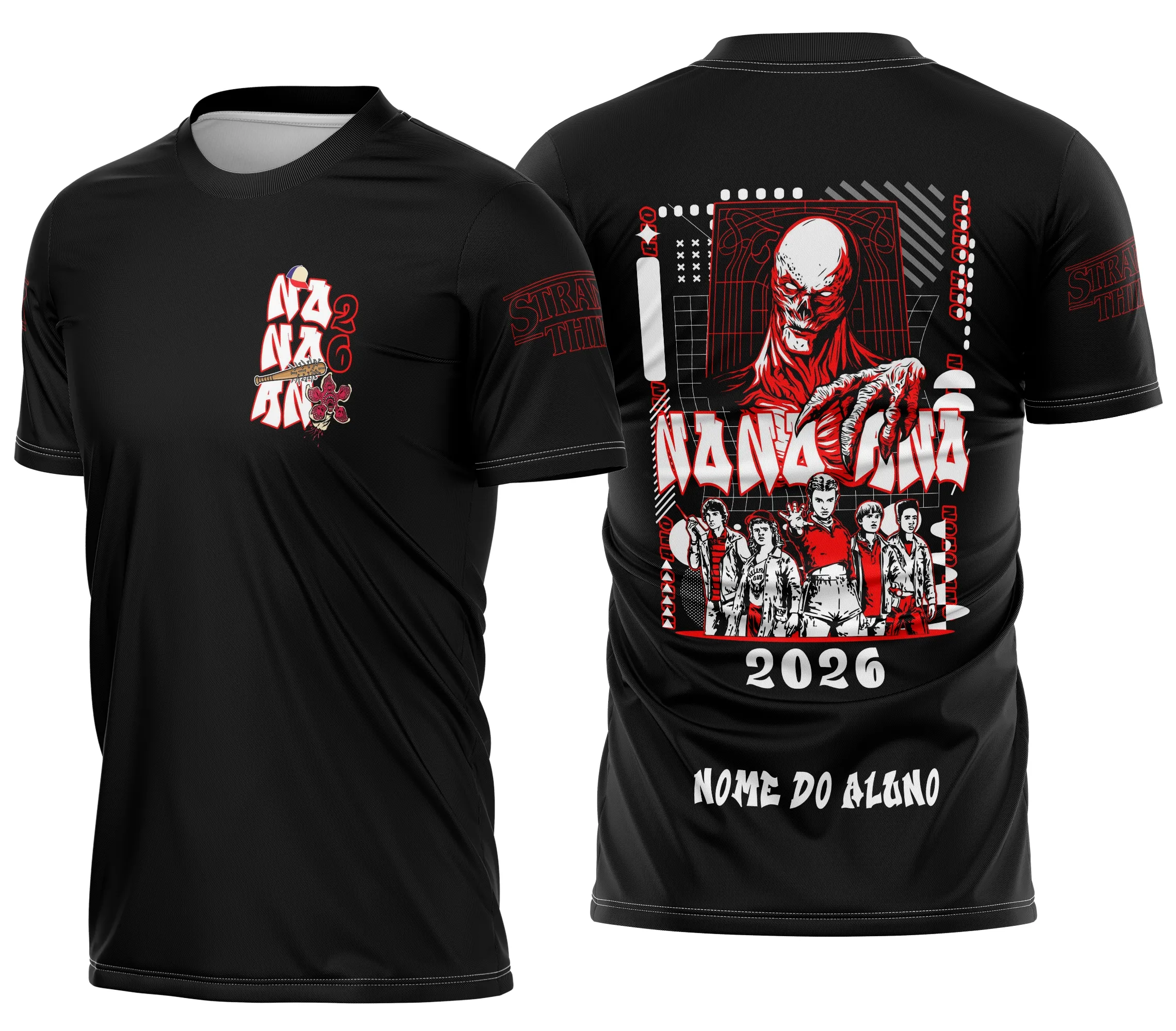 Camiseta unissex preta com logo no peito e estampa grande nas costas do tema Nono Ano Stranger Things Vecna, ideal para fãs da série e da turma do nono ano.