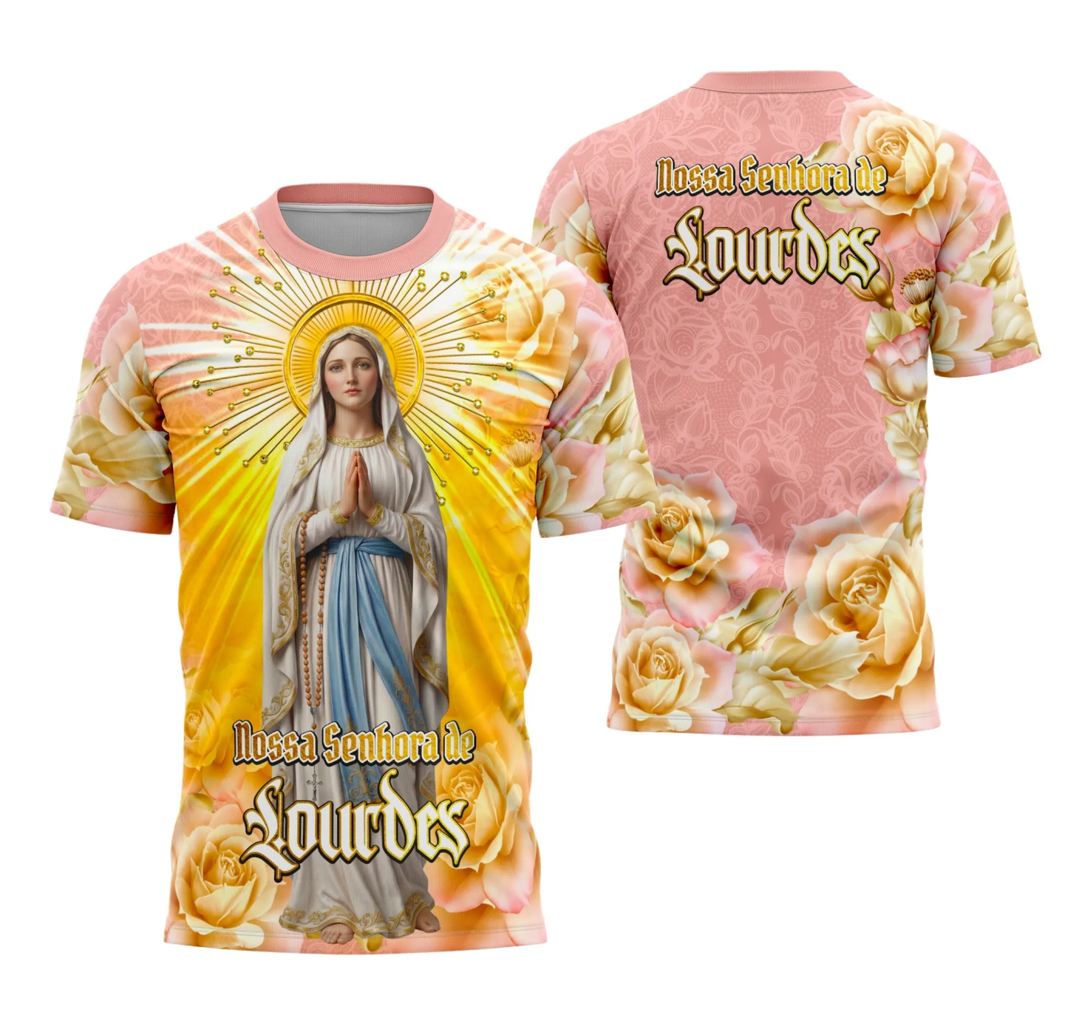 Foto da camisa com logo no peito e estampa grande nas costas mostrando a imagem de Nossa Senhora de Lourdes em estilo devocional, cores suaves e design marcante para um visual religioso elegante.