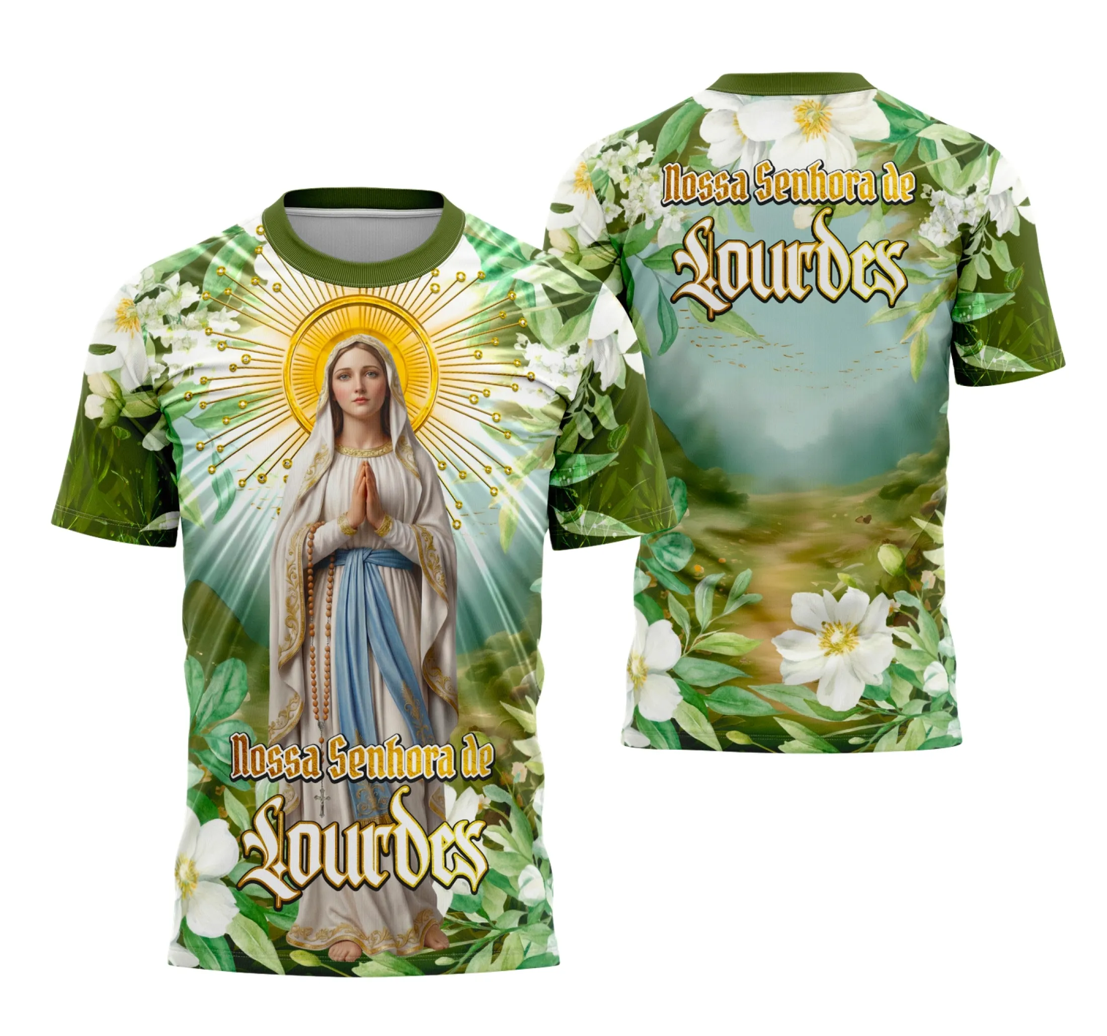 Camisa com logo no peito destacando Nossa Senhora de Lourdes, com estampa grande nas costas exibindo detalhes religiosos e símbolos católicos em estilo elegante e marcante.