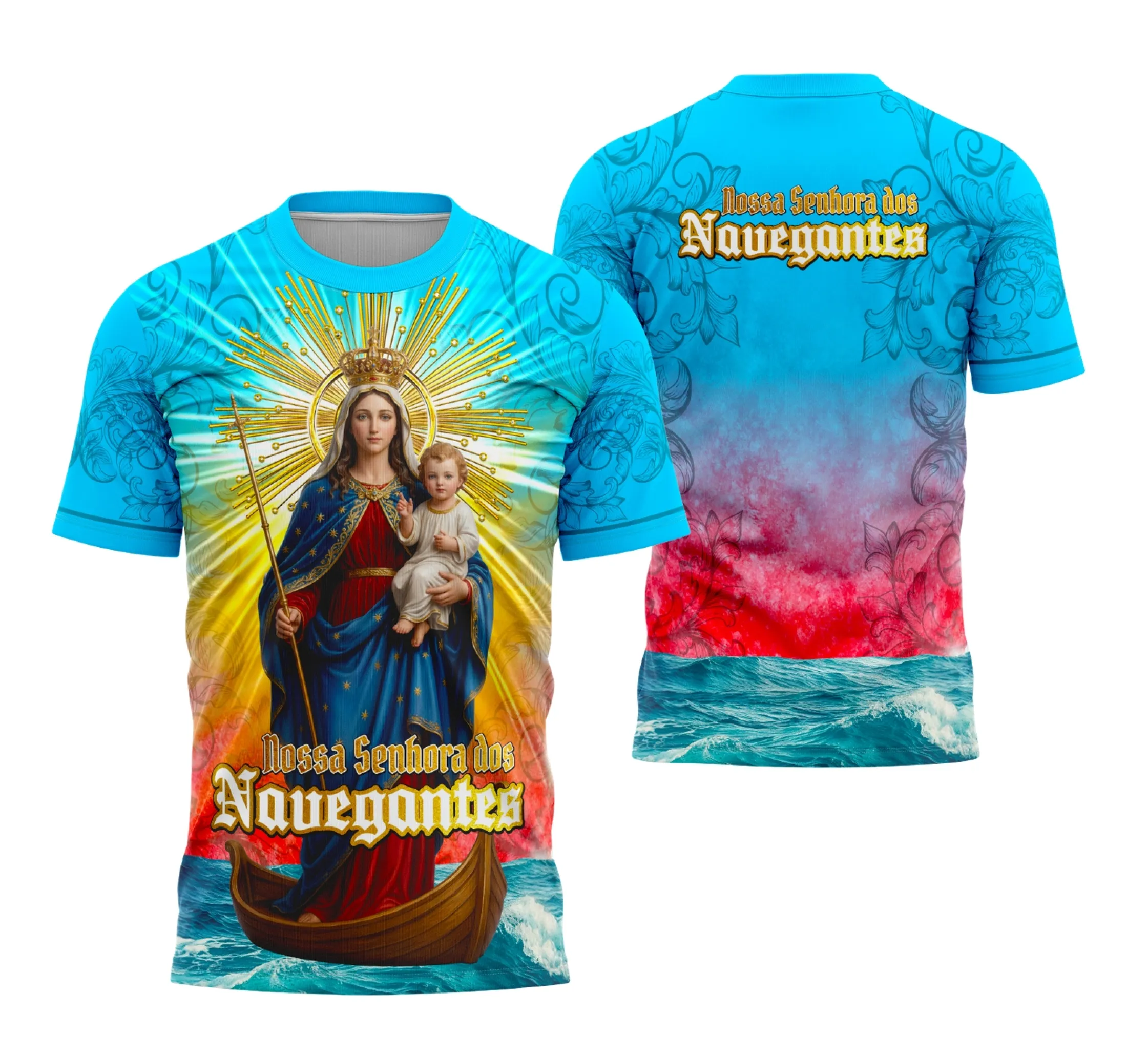 Foto da camisa com logo no peito mostrando Nossa Senhora dos Navegantes e estampa grande nas costas com imagem detalhada em estilo religioso marcante, ideal para demonstração de fé e proteção.