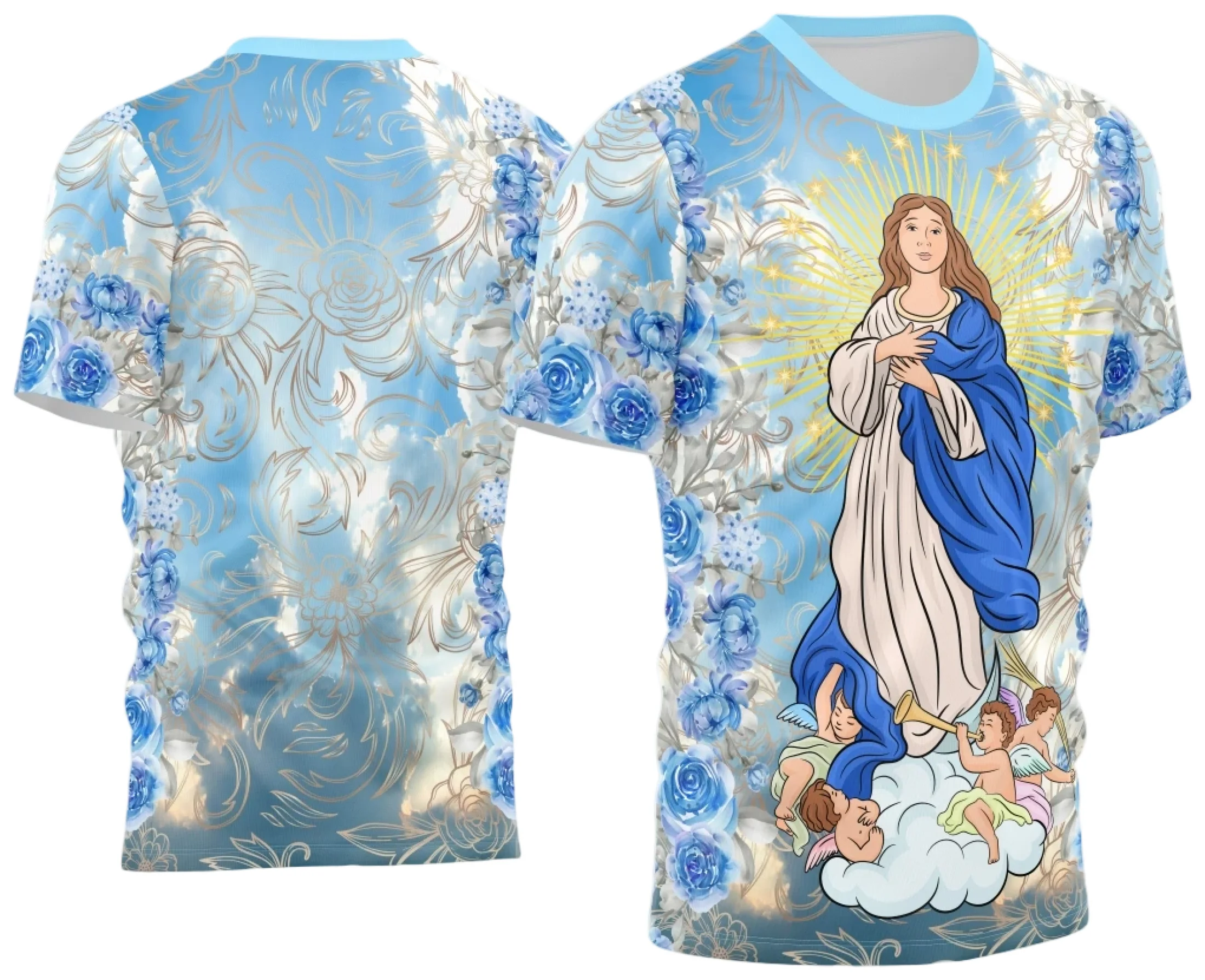 A imagem apresenta a arte digital personalizada Camisa Nossa Senhora Imaculada Conceição Sublimação em alta qualidade. A arte apresenta um design exclusivo com elementos gráficos religiosos e a inscrição Nossa Senhora Imaculada Conceição Vetor Desenho