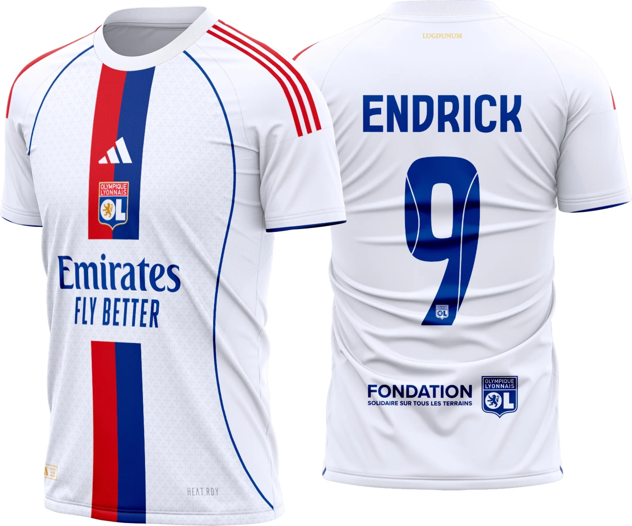 Camiseta unissex branca com logo no peito e estampa grande nas costas do Olympique Lyonnais Titular 2025-26, mostrando modernidade e estilo esportivo marcante.