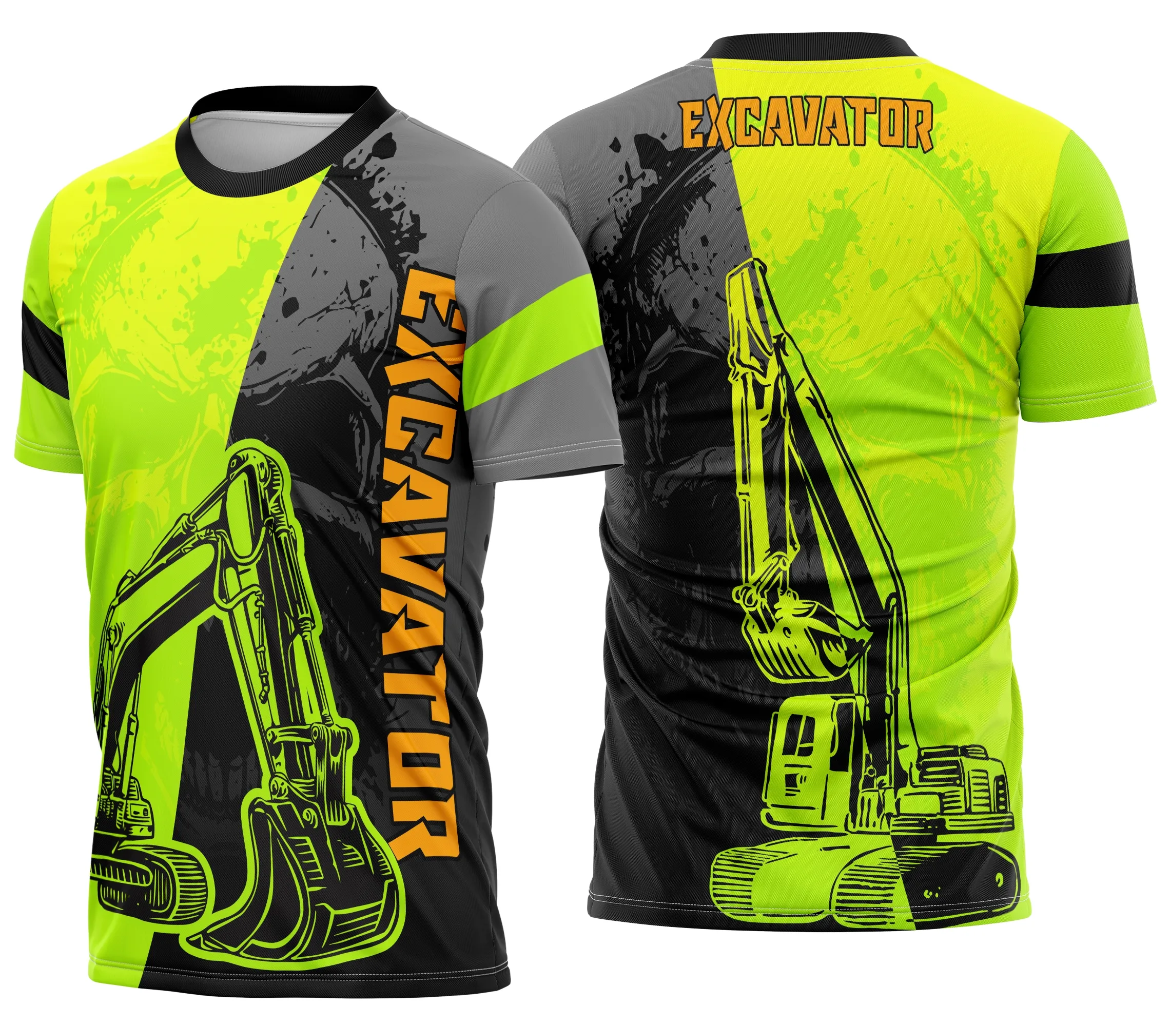 Camiseta preta unissex com logo no peito e estampa grande nas costas destacando máquinas pesadas, perfeita para quem trabalha com equipamentos robustos.