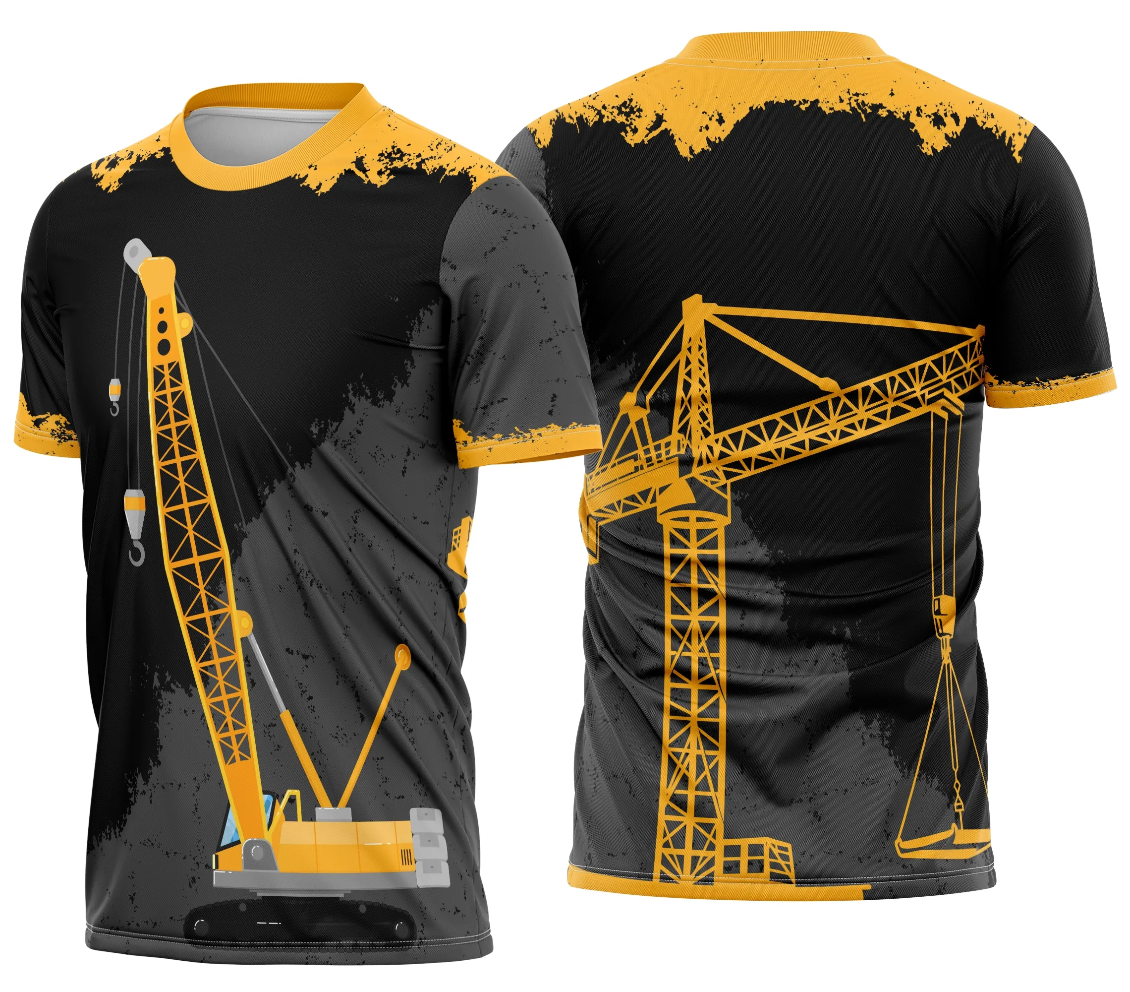 Camiseta unissex preta com logo no peito e estampa grande nas costas destacando o tema Operador de Máquinas Pesadas, ideal para fãs do setor industrial e da construção.