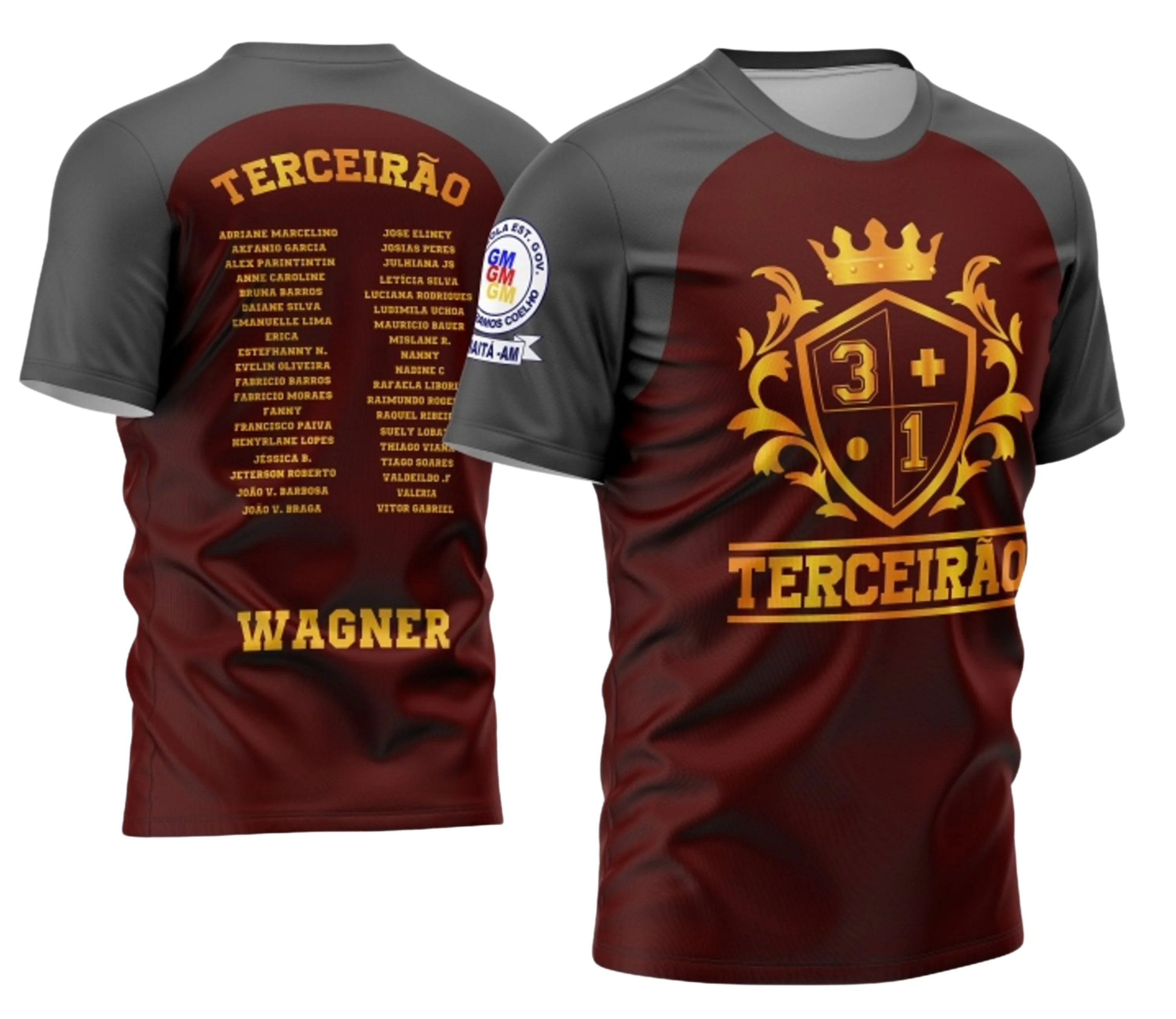 Camiseta unissex branca com logo no peito e estampa grande nas costas mostrando símbolos do terceirão 2026, design jovem e moderno perfeita para formandos.