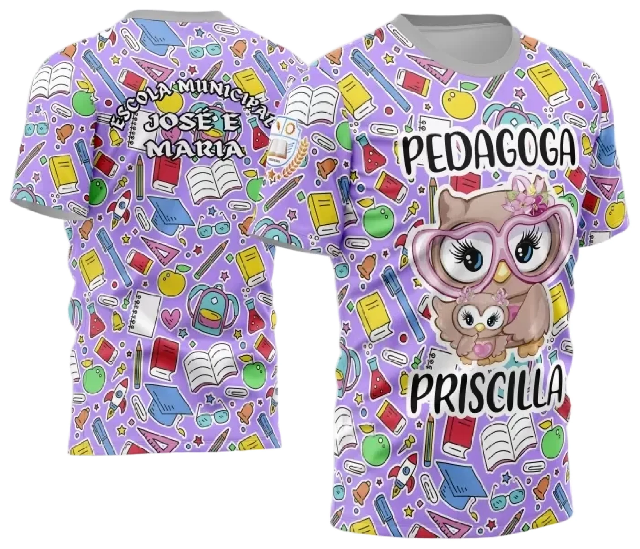 Camiseta unissex branca com logo no peito e estampa grande nas costas, tema Camisa Pedagoga Template 2024 2025 Modelo 02, ideal para professores e profissionais da educação.