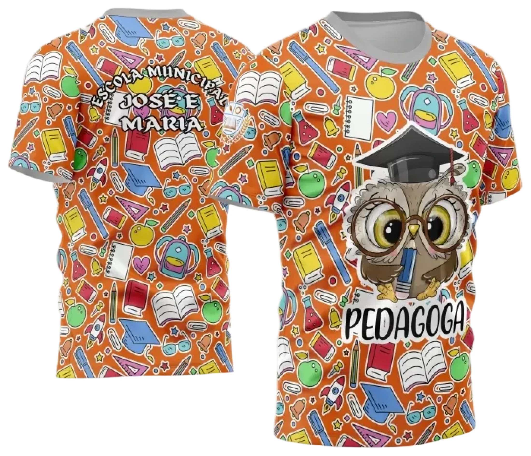 Camiseta unissex branca com logo no peito e estampa grande nas costas sobre Pedagoga Template 2024 2025 Modelo 03, ideal para profissionais da educação com estilo moderno.