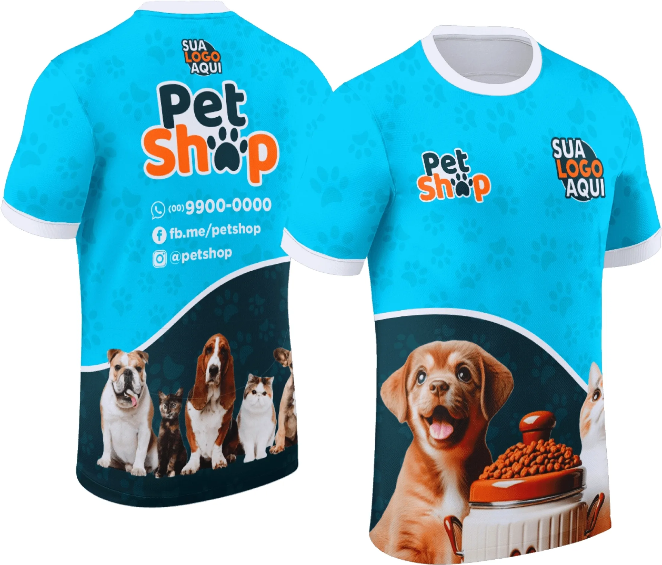 Foto de camiseta unissex preta com logo no peito e estampa grande nas costas com tema de pet shop, ideal para amantes de animais.