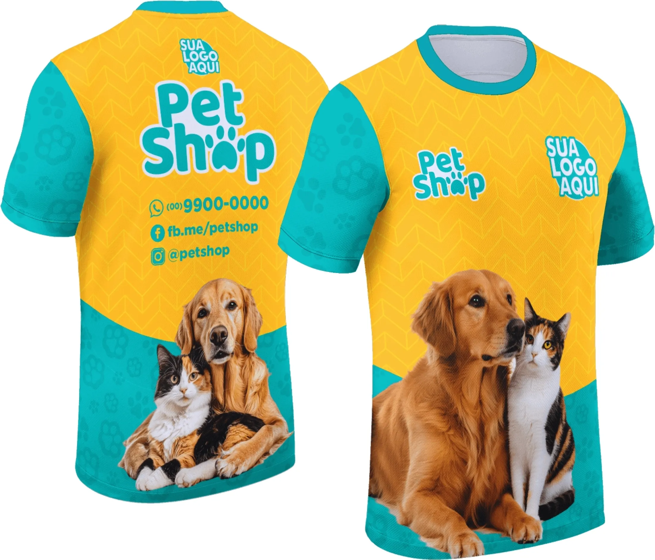 Camiseta unissex preta com logo no peito e estampa grande nas costas destacando tema Pet Shop, ideal para amantes de animais, estilo moderno e confortável.
